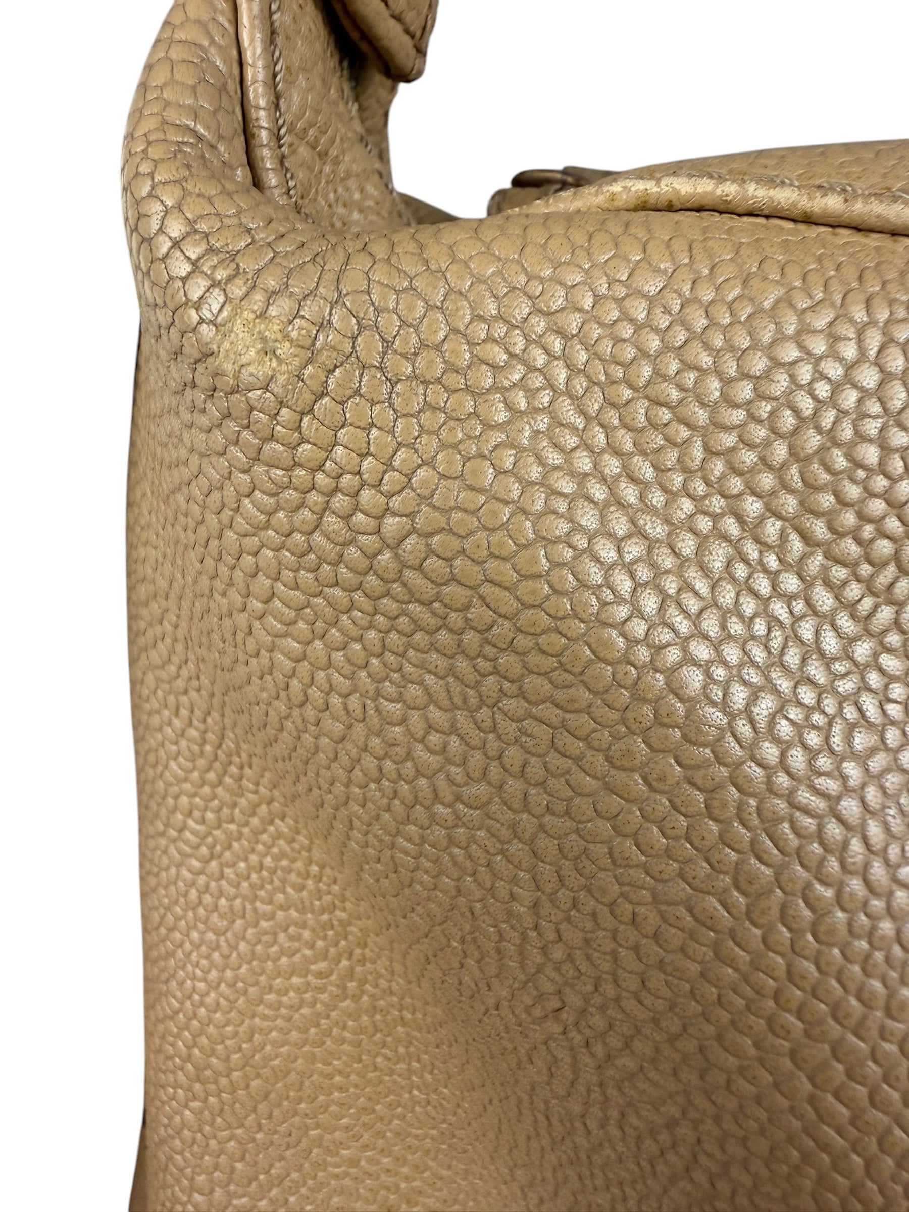 Chanel CC Vintage Beige Leather Caviar Wood Chain Hobo Bag