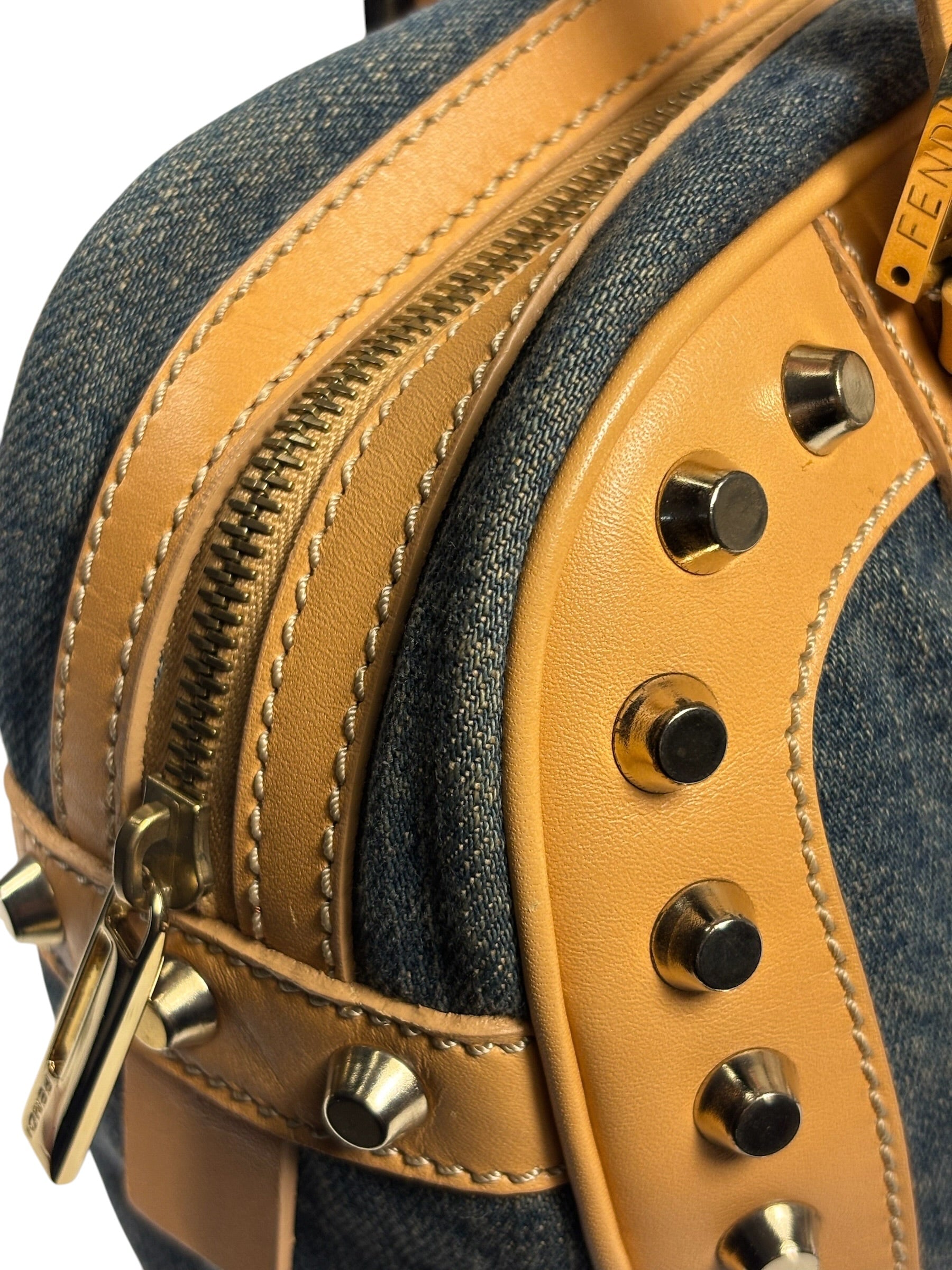 Fendi Blue/Brown Denim/Leather Trim Studded Shoulder Bag
