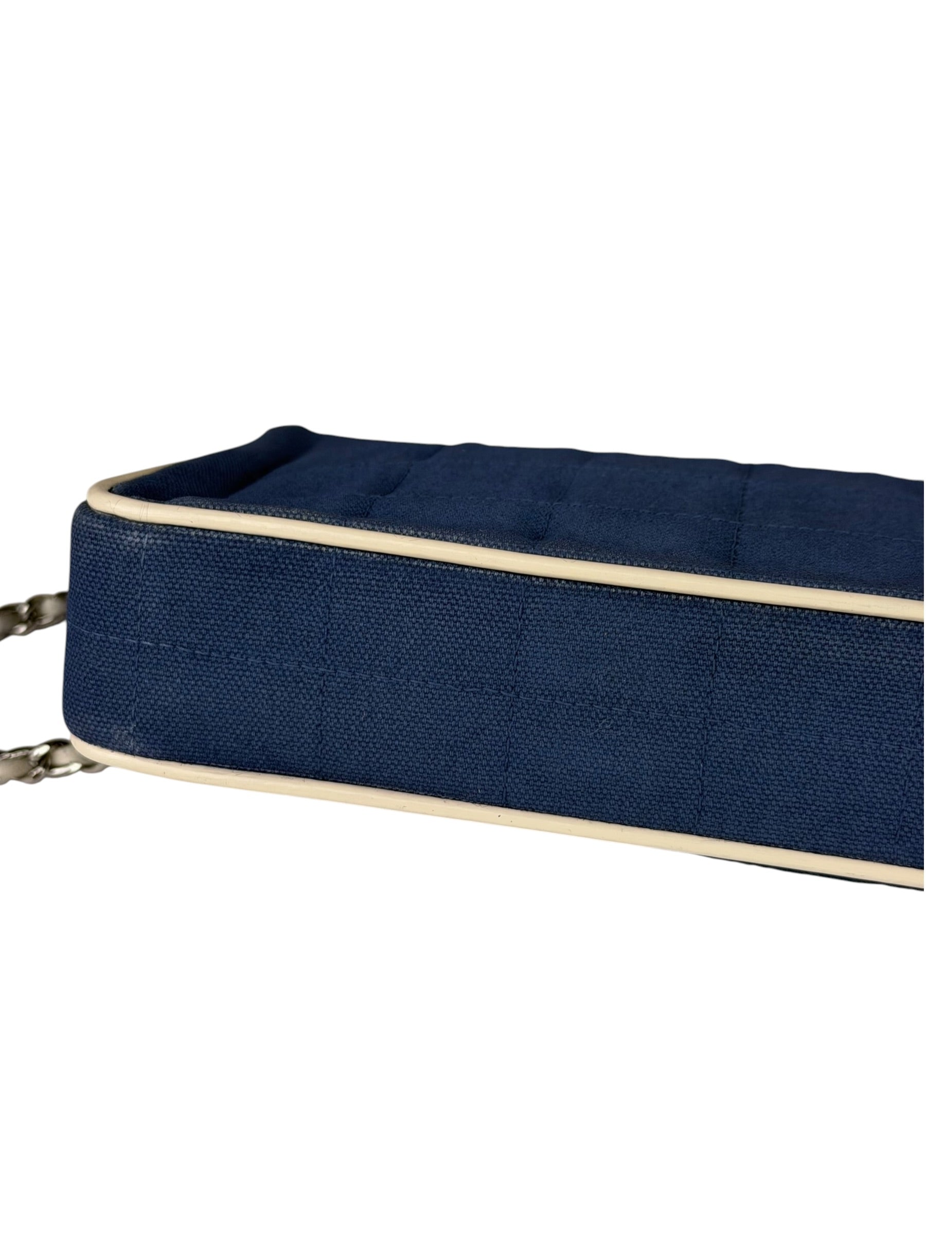 Chanel Blue/Cream Patent Leather Trim East-West Chocolate Bar Shoulder Bag 2002