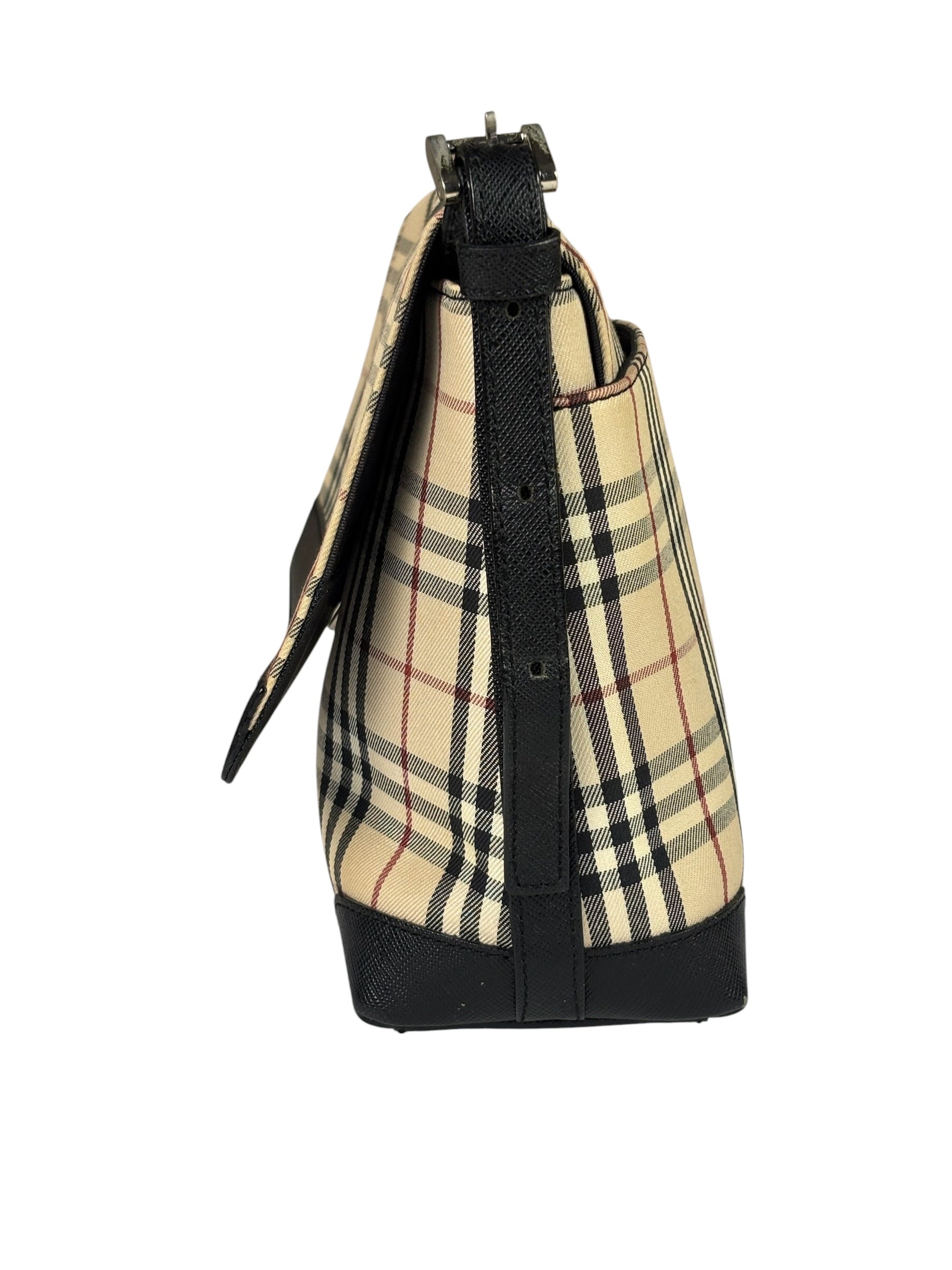 Burberry Black Leather Trim House Check Flap Crossbody Bag
