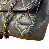 Chanel Vintage Navy Blue Leather Wild Stitch Surpique Flap Bag 2001