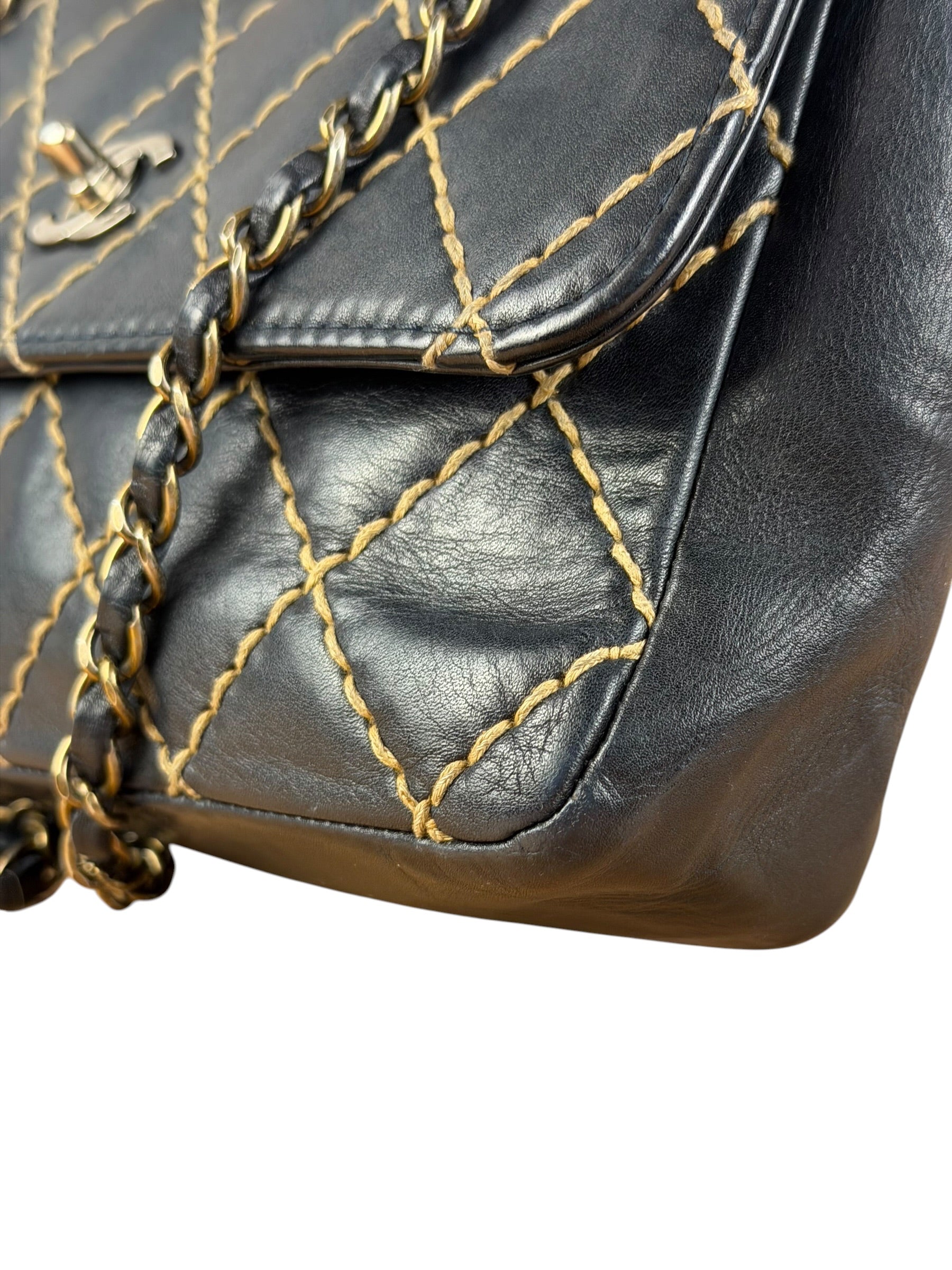 Chanel Vintage Navy Blue Leather Wild Stitch Surpique Flap Bag 2001