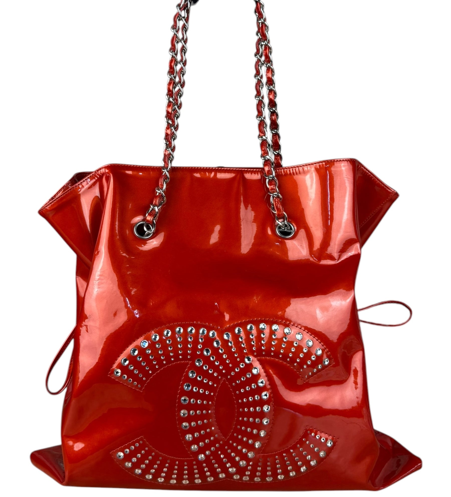 Chanel Red Patent CC Crystal Bon Bon Chain Tote