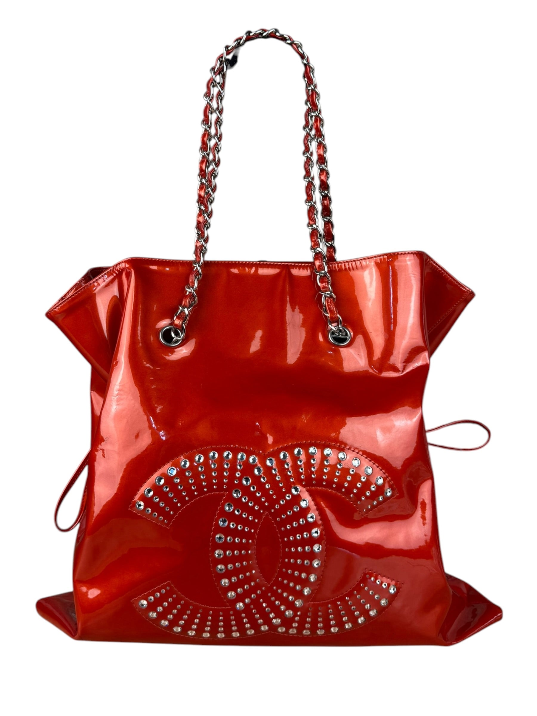 Chanel Red Patent CC Crystal Bon Bon Chain Tote