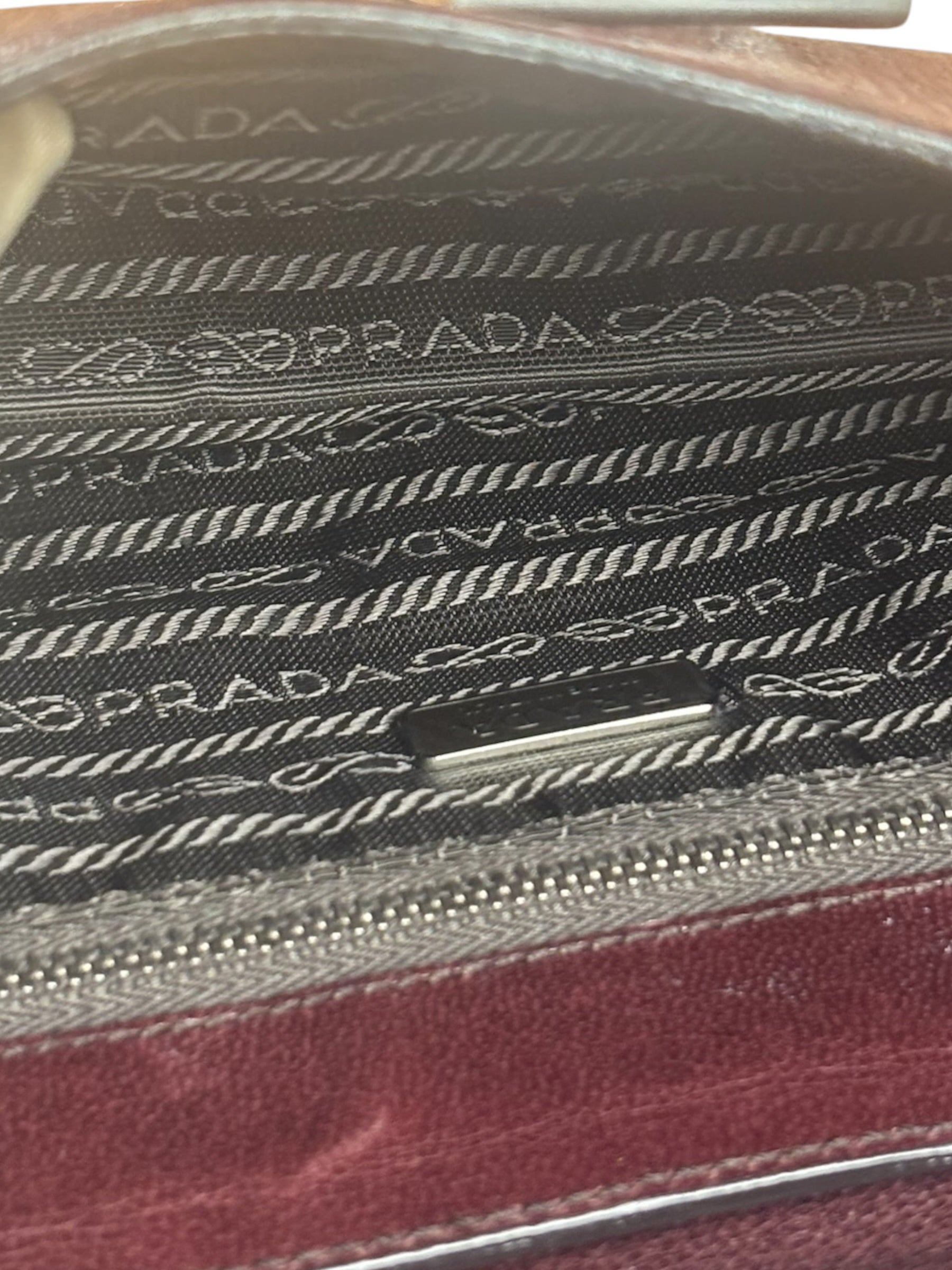 Prada Enameled Metal Triangle Brown Shoulder Bag