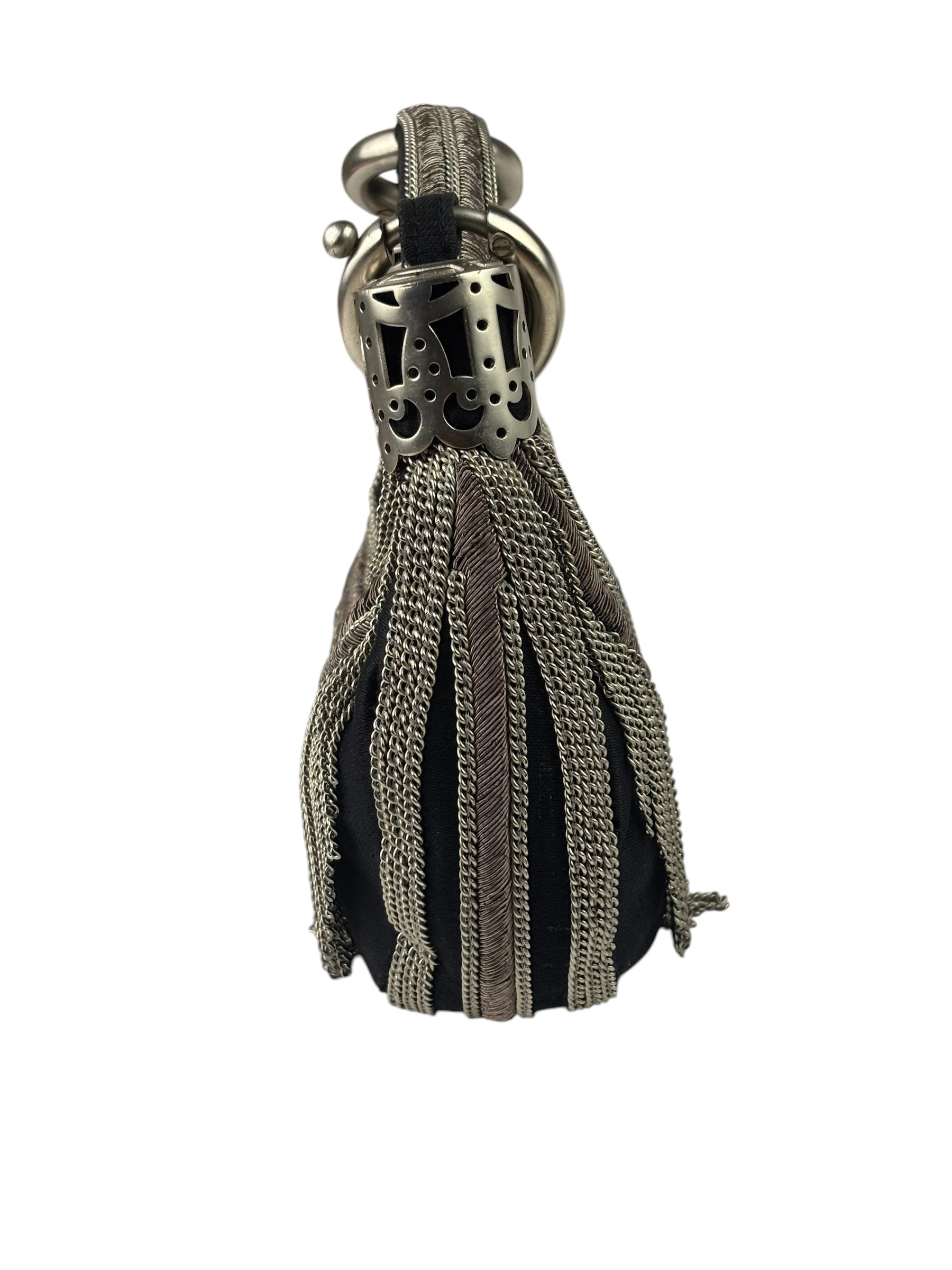 Chole Black Nylon Chain-Link Crescent Mini Hobo Bag