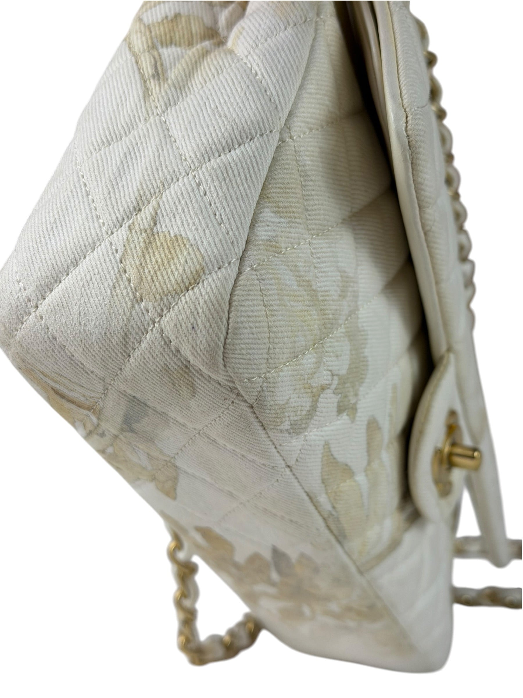 Chanel White Denim/Leather Trim Greek Collection Flower Double Flap Bag 2018