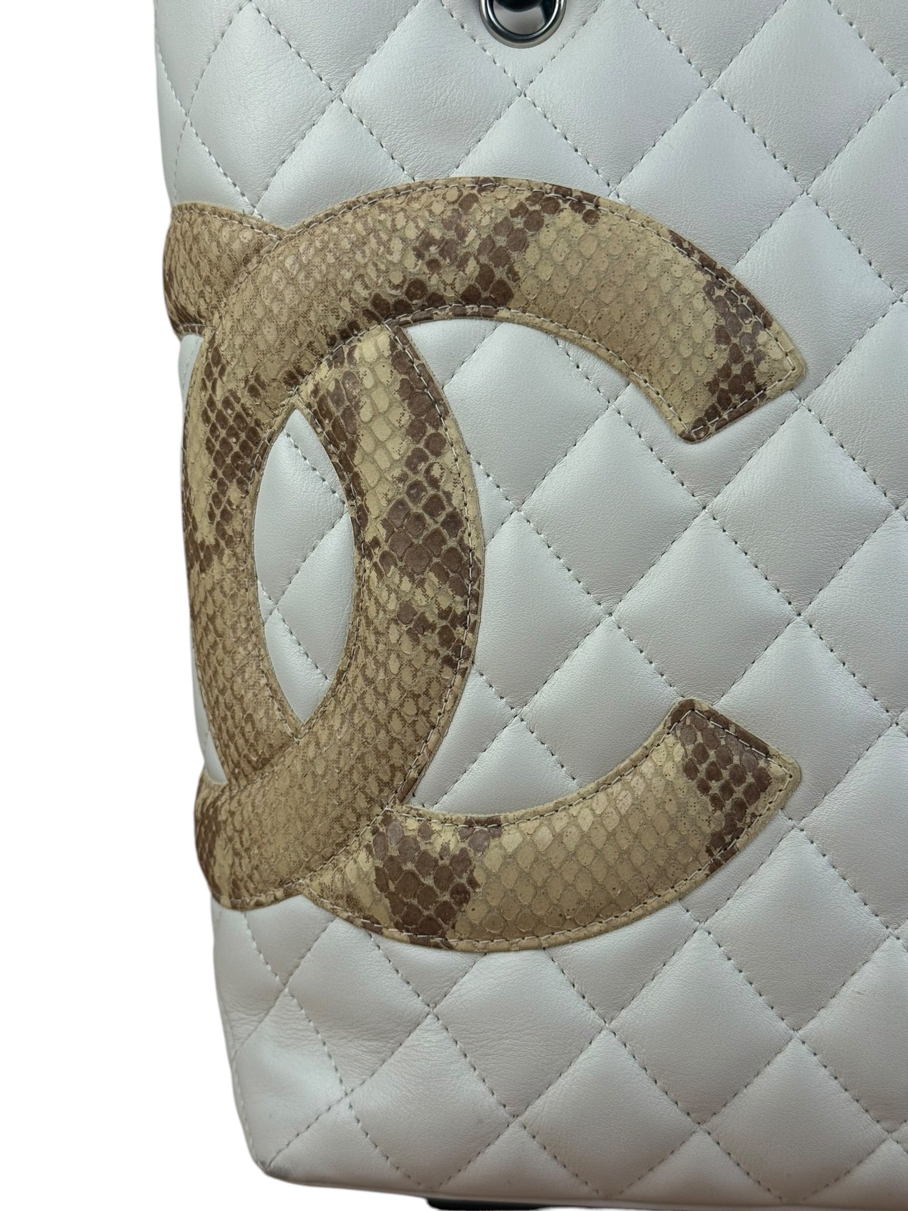 Chanel Vintage White Quilted CC Snake Cambon Ligne Tote 2004