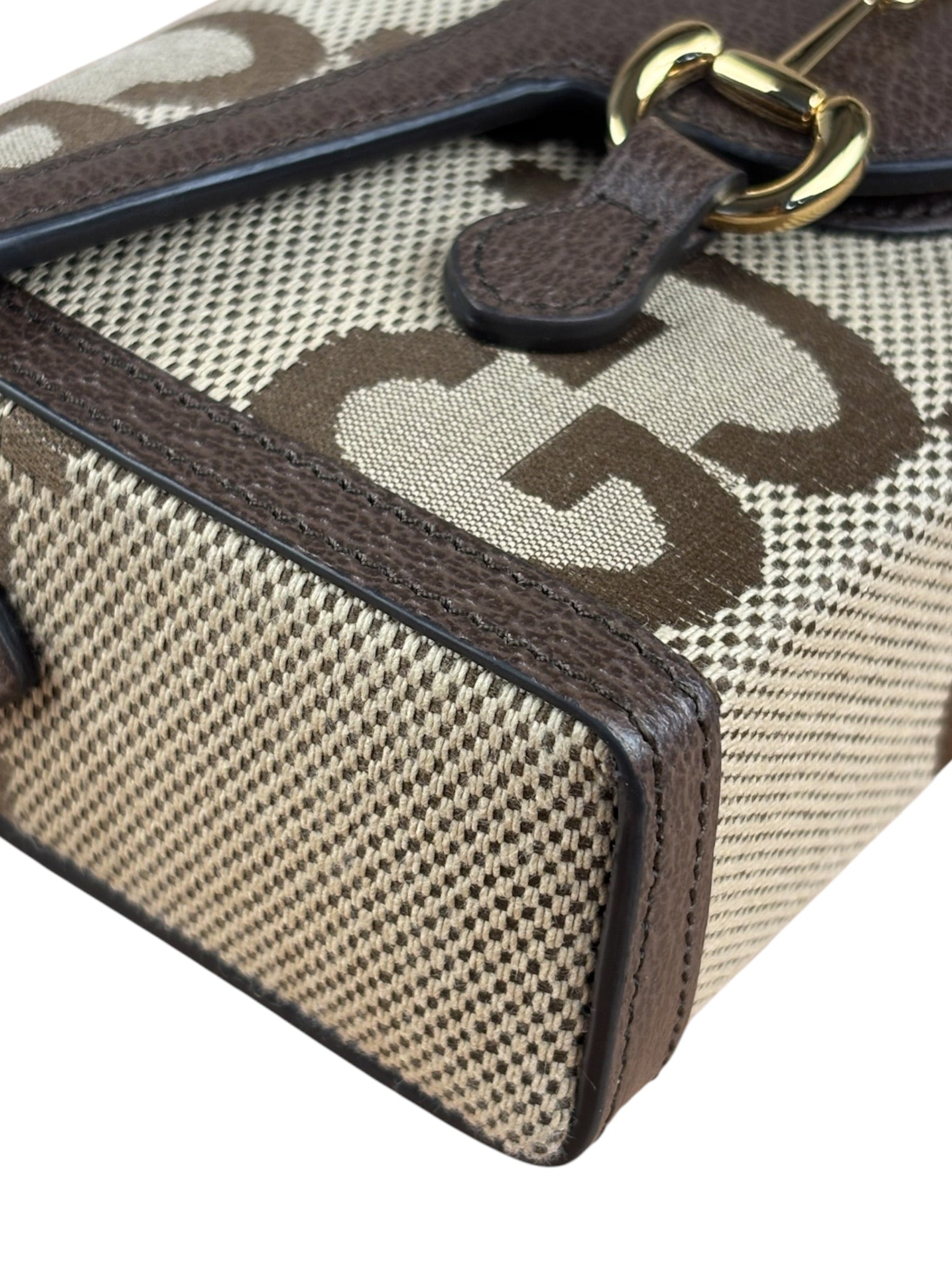 Gucci Brown Leather Trim Monogram Jumbo GG Mini Shoulder Bag