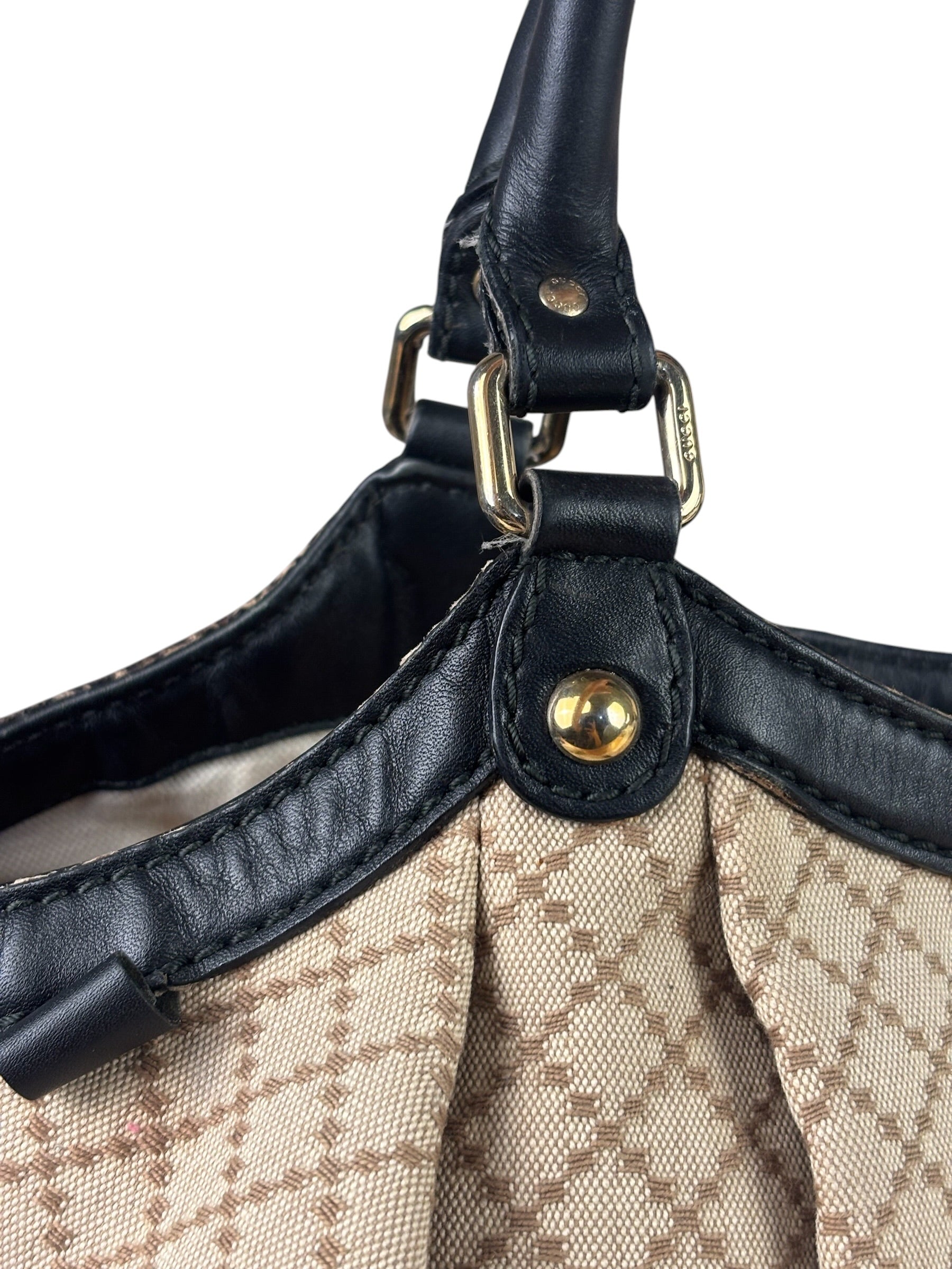 Gucci Beige Leather Trim Diamante Canvas Sukey Tote