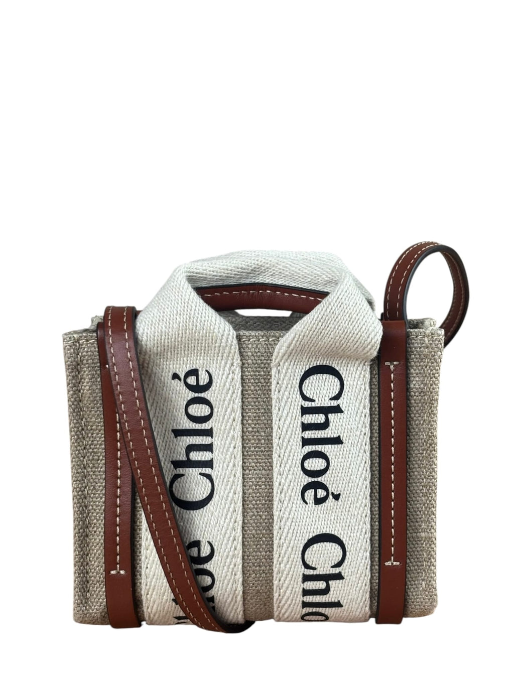 Chloe Beige/Brown Leather Trim Canvas Woody Nano Two-Way Satchel