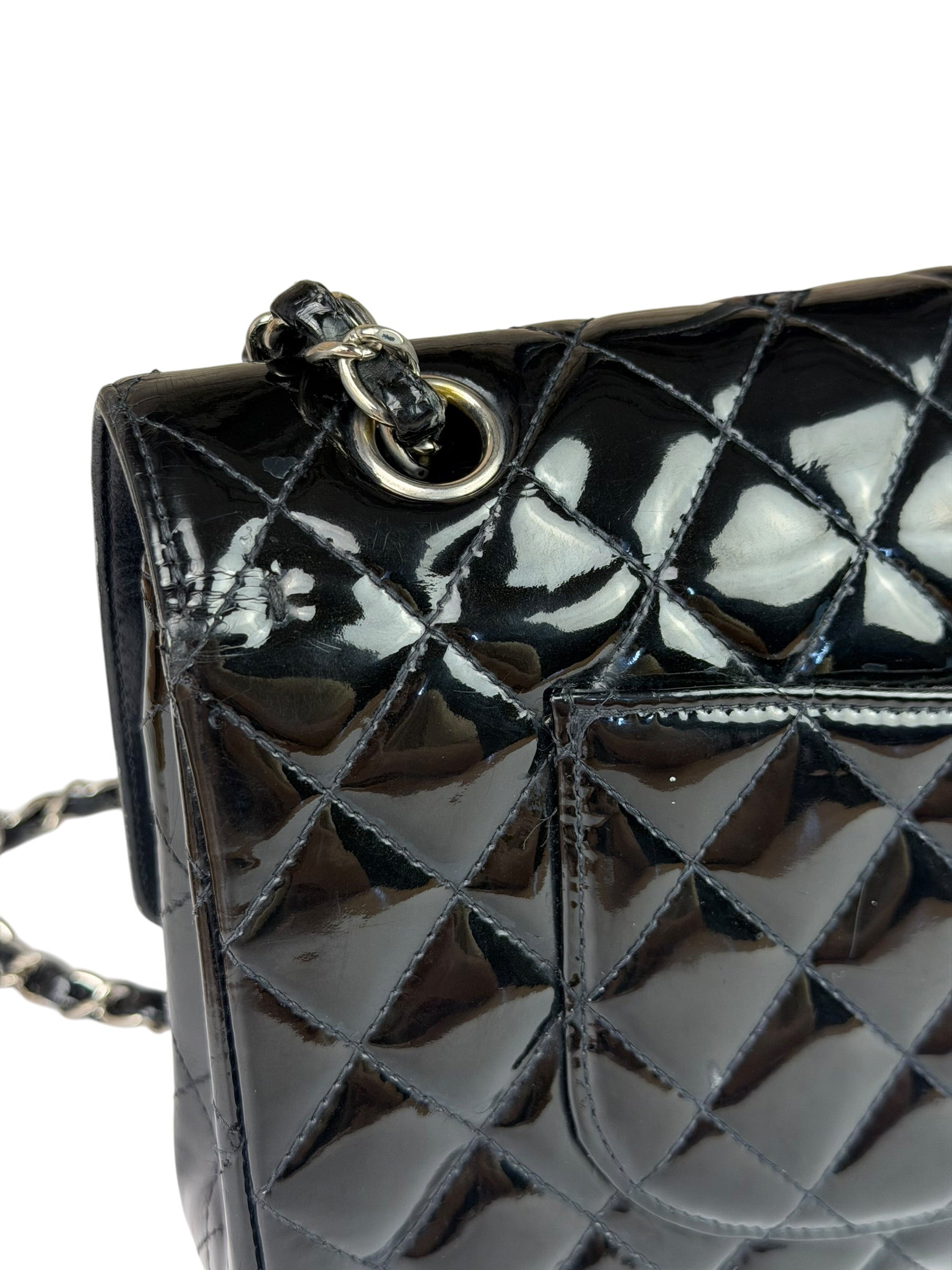Chanel Black Patent Quilted Leather Double Flap Bag