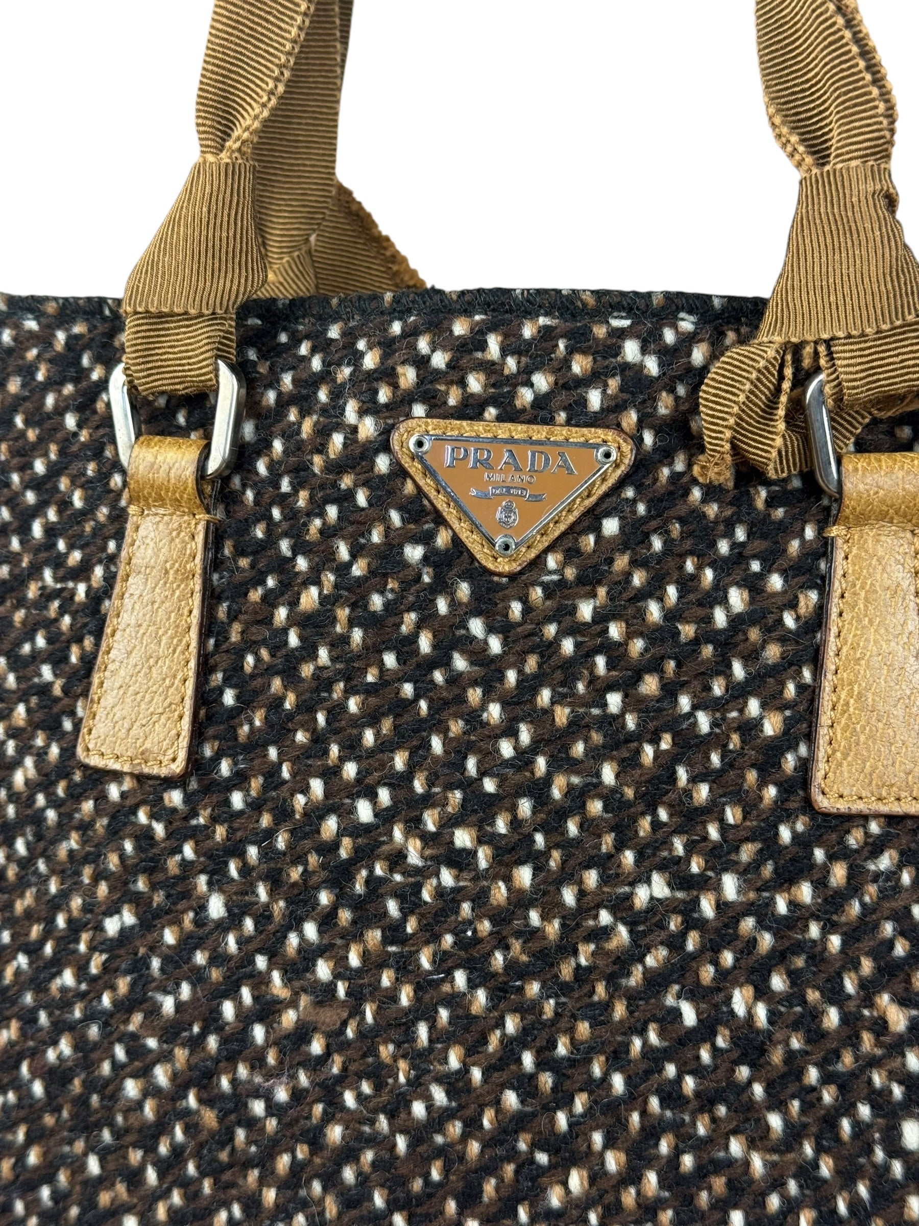 Prada Vintage Brown/Black Woven Tweed Trim Tote Handbag