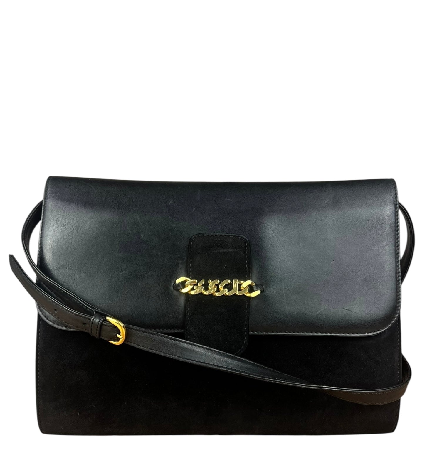 Gucci Vintage Black Leather Chain Logo Crossbody