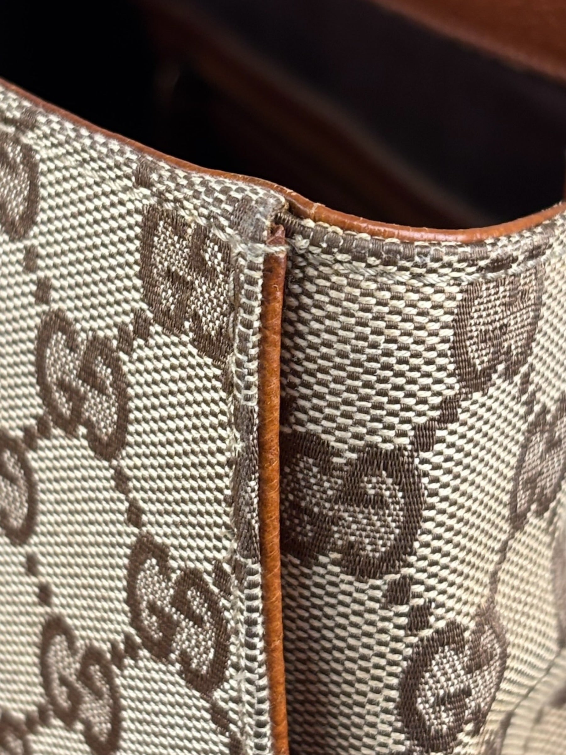 Gucci GG Brown Leather Trim Canvas Monogram Tote Bag