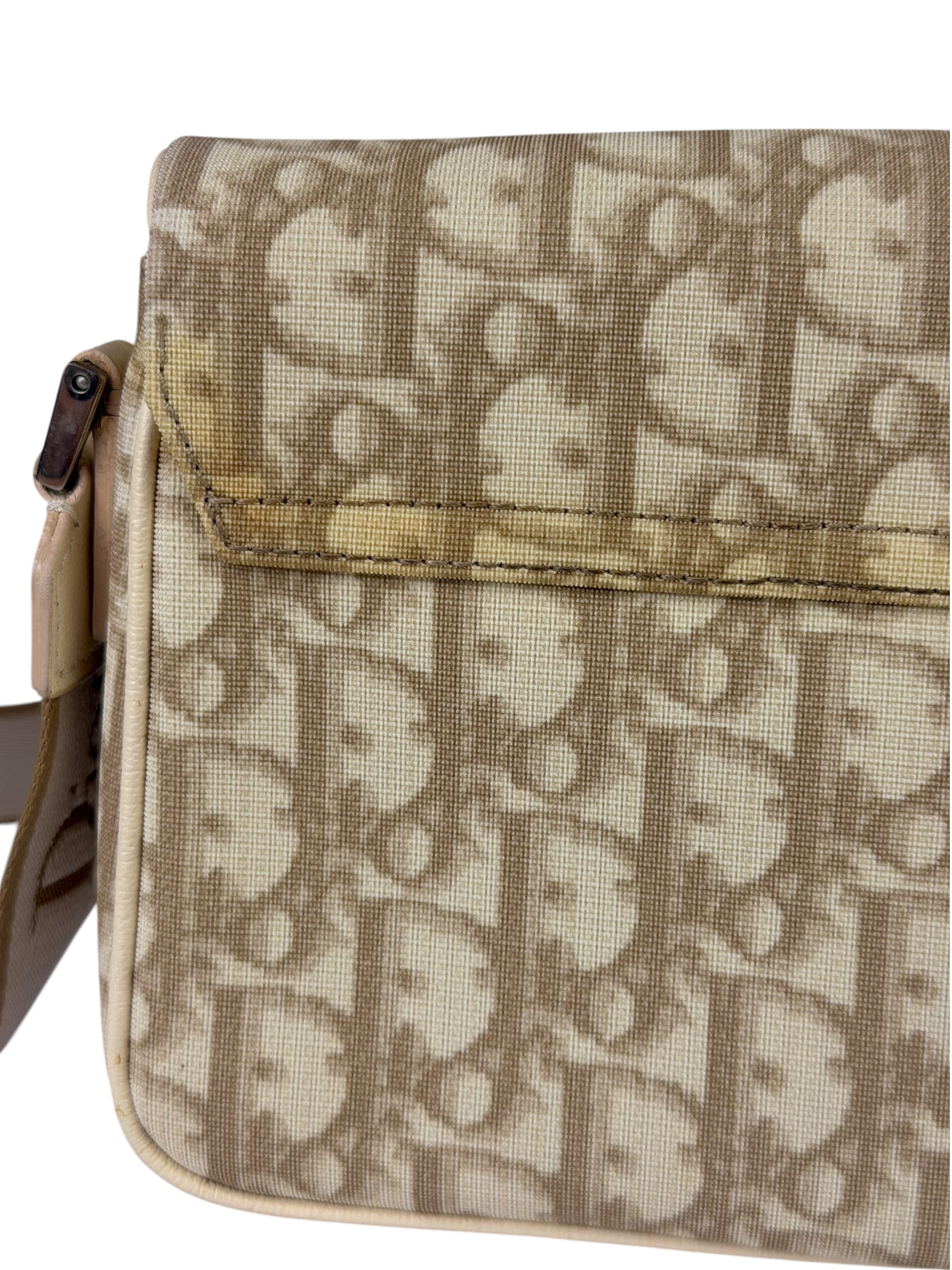 Christian Dior Beige Leather Trim Trotter Floral Embroidered Flap Bag