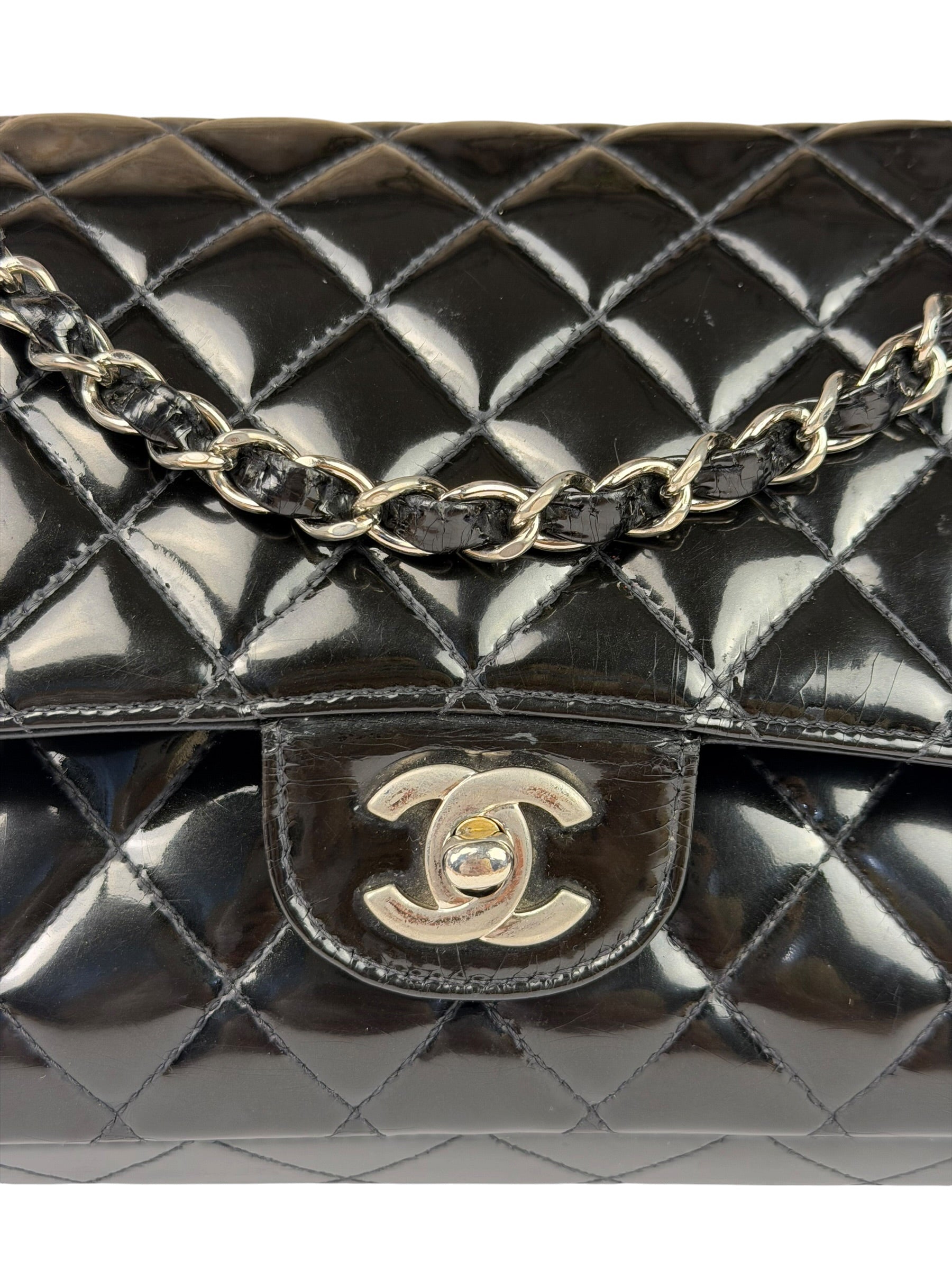 Chanel Black Patent Quilted Leather Double Flap Bag