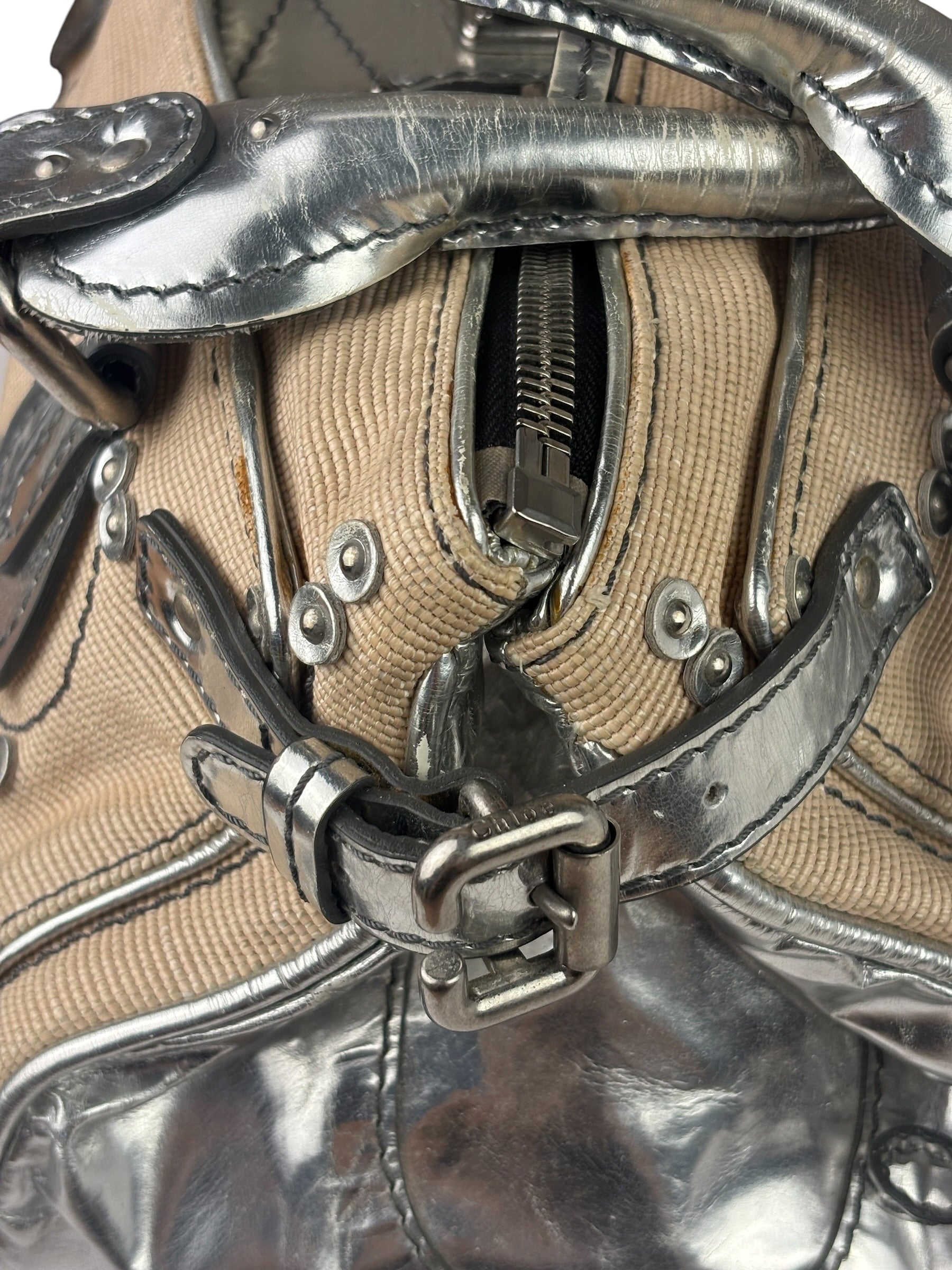 Chloe Beige/Silver Patent Leather Paddington Handbag