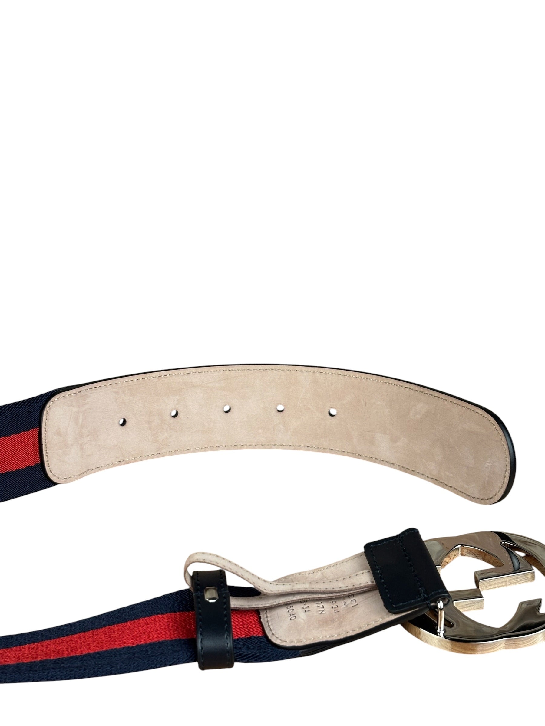 Gucci Navy Blue Leather Trim G Web Buckle Belt