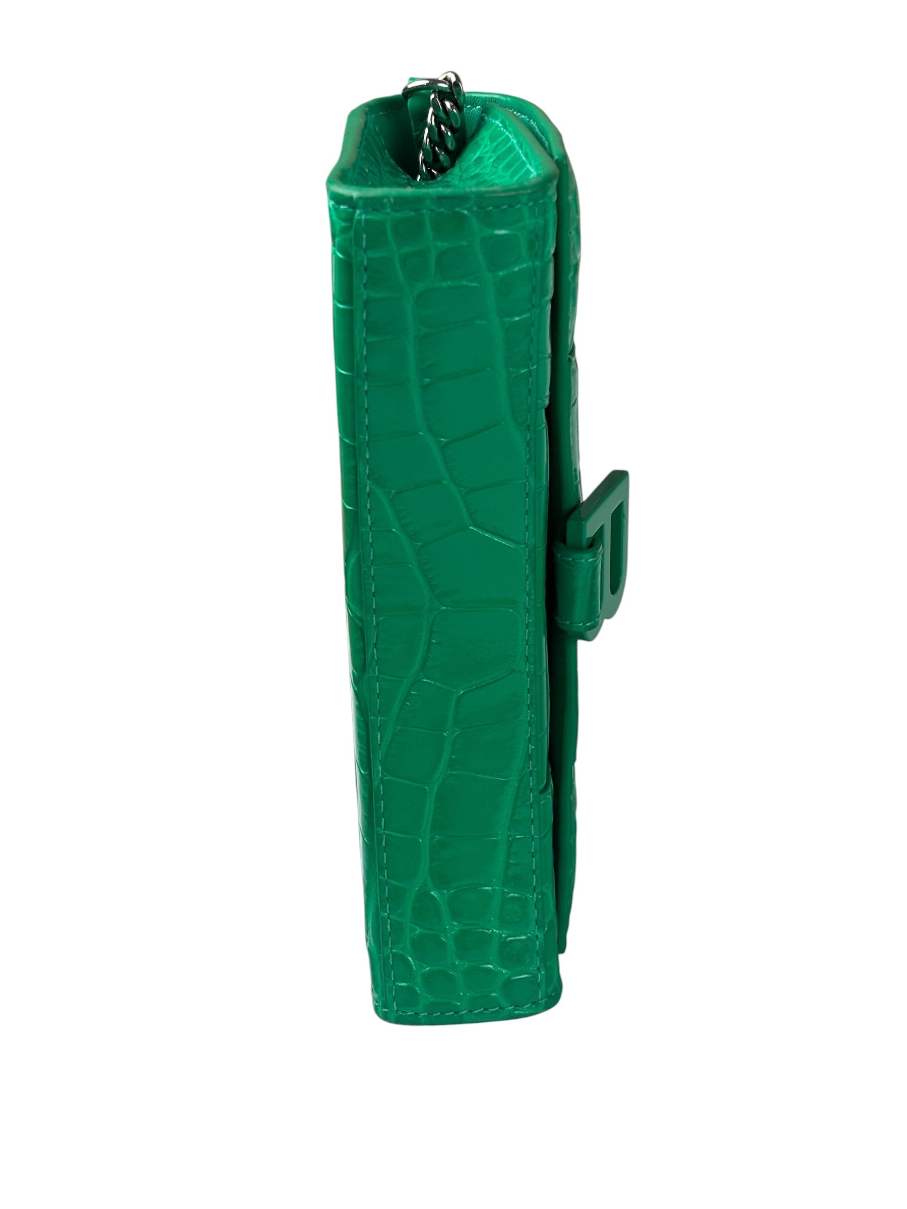 Balenciaga Green Crocodile Embossed Hourglass Wallet On Chain