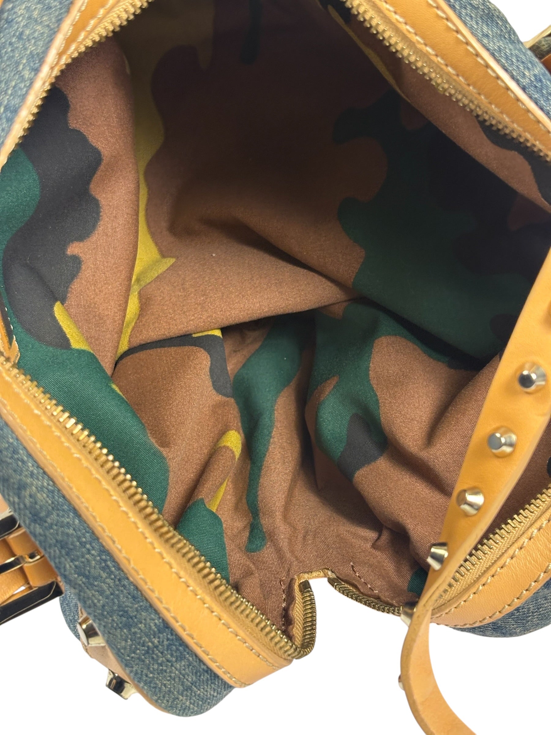 Fendi Blue/Brown Denim/Leather Trim Studded Shoulder Bag