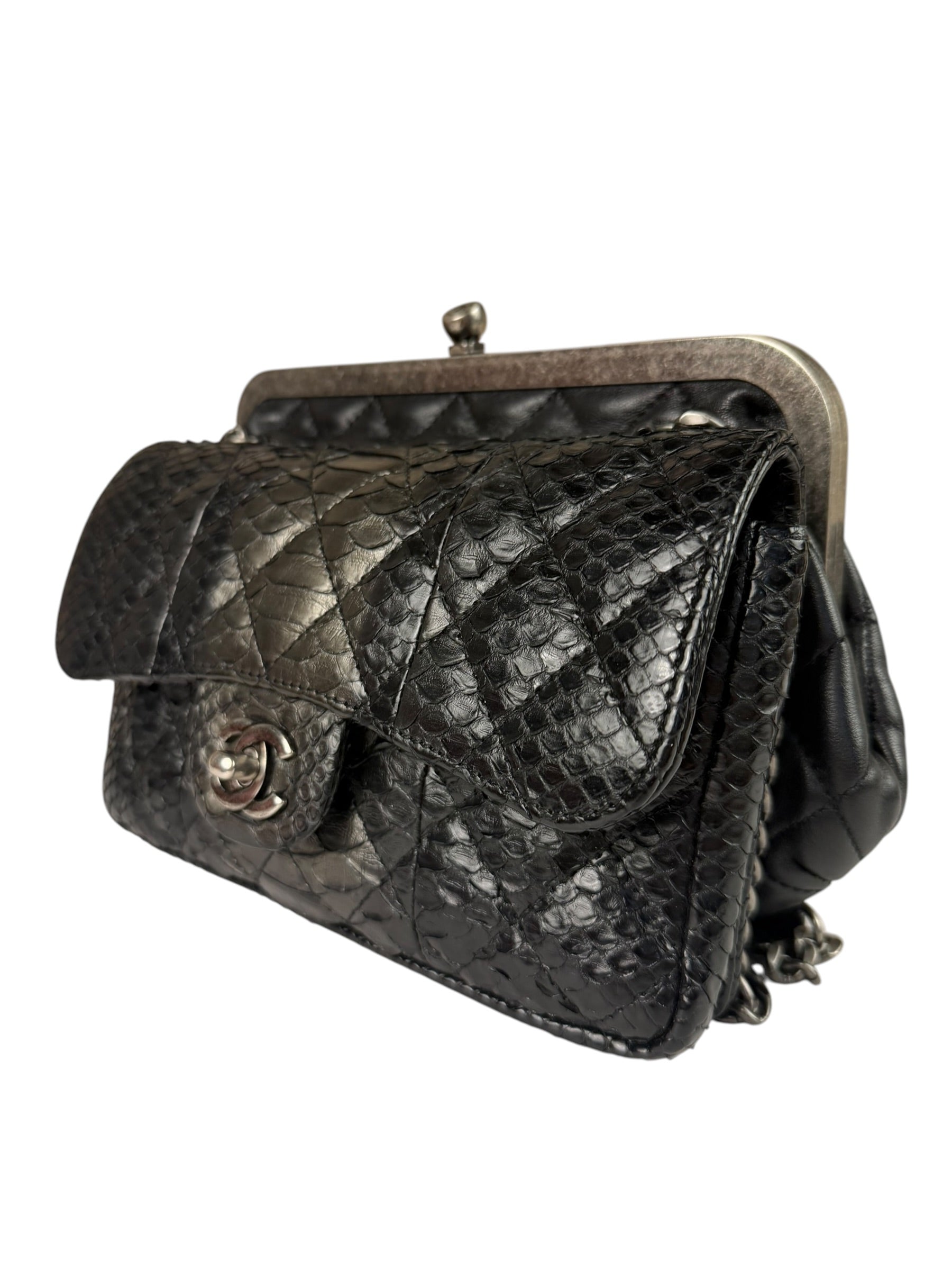 Chanel Black Python Leather Kiss-Lock Flap Bag 2015