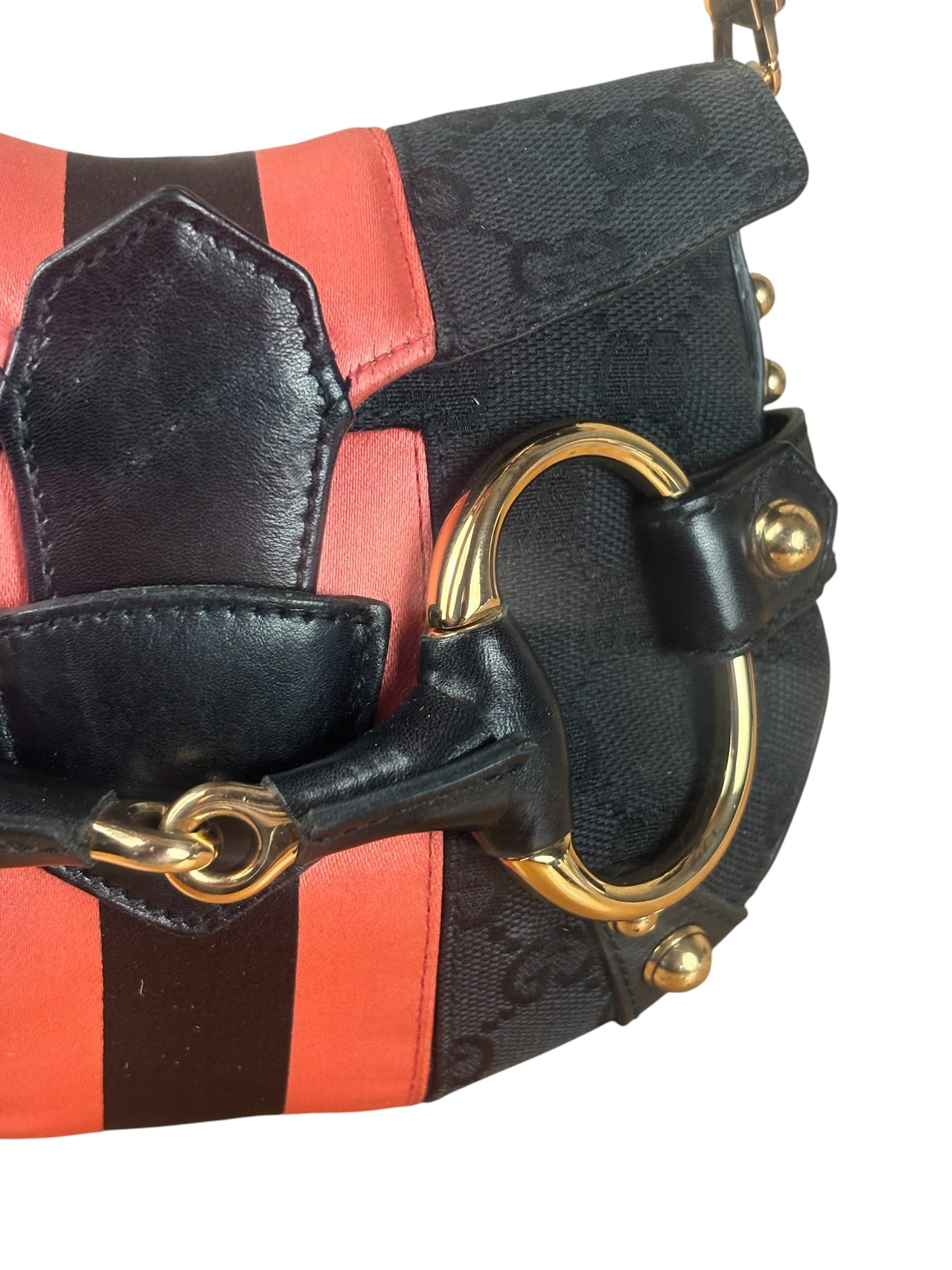 Gucci GG Black/Pink Canvas Horsebit Chain Shoulder Bag