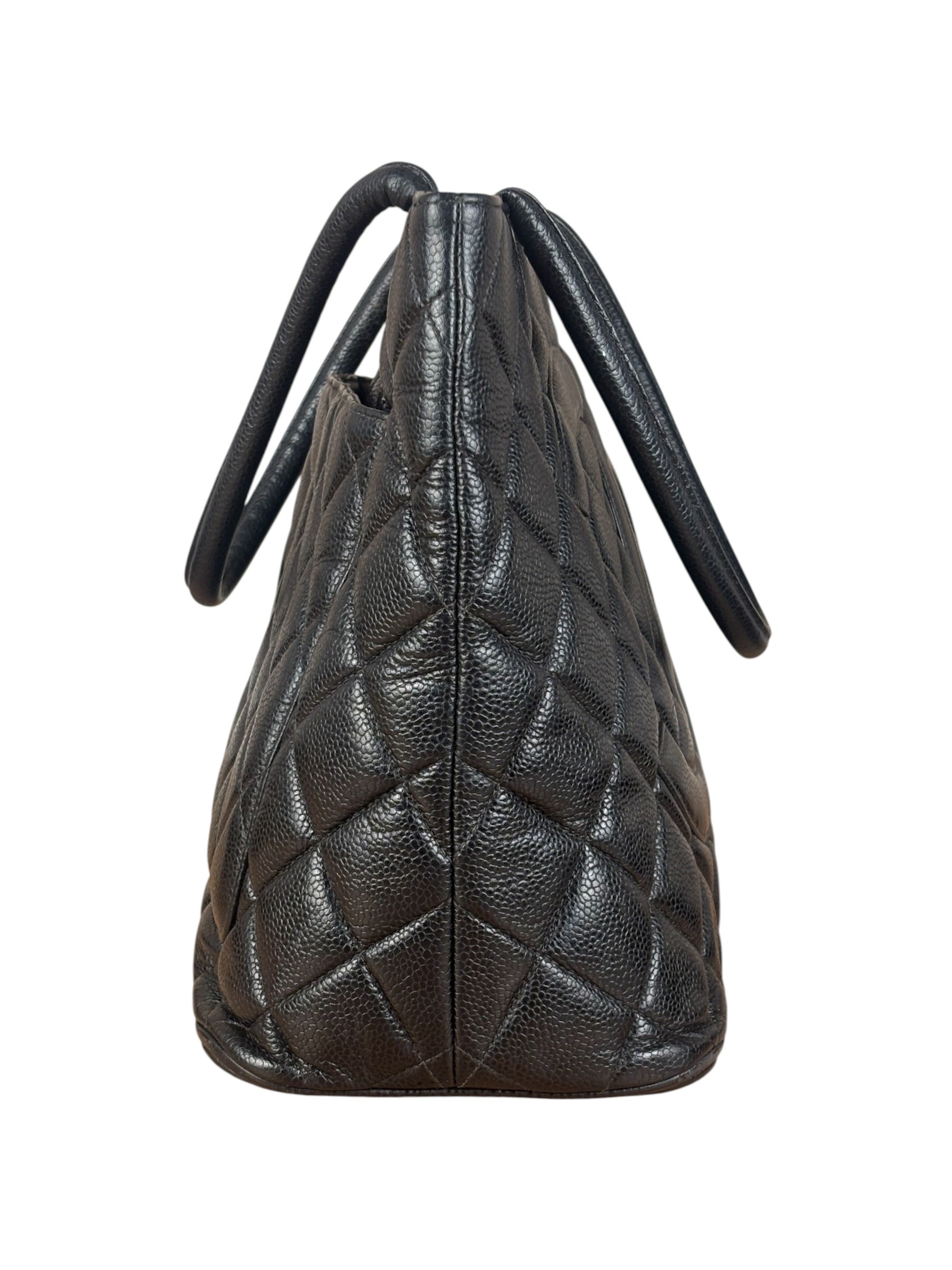 Chanel Vintage CC Black Quilted Caviar Leather Medallion Tote Bag 2002