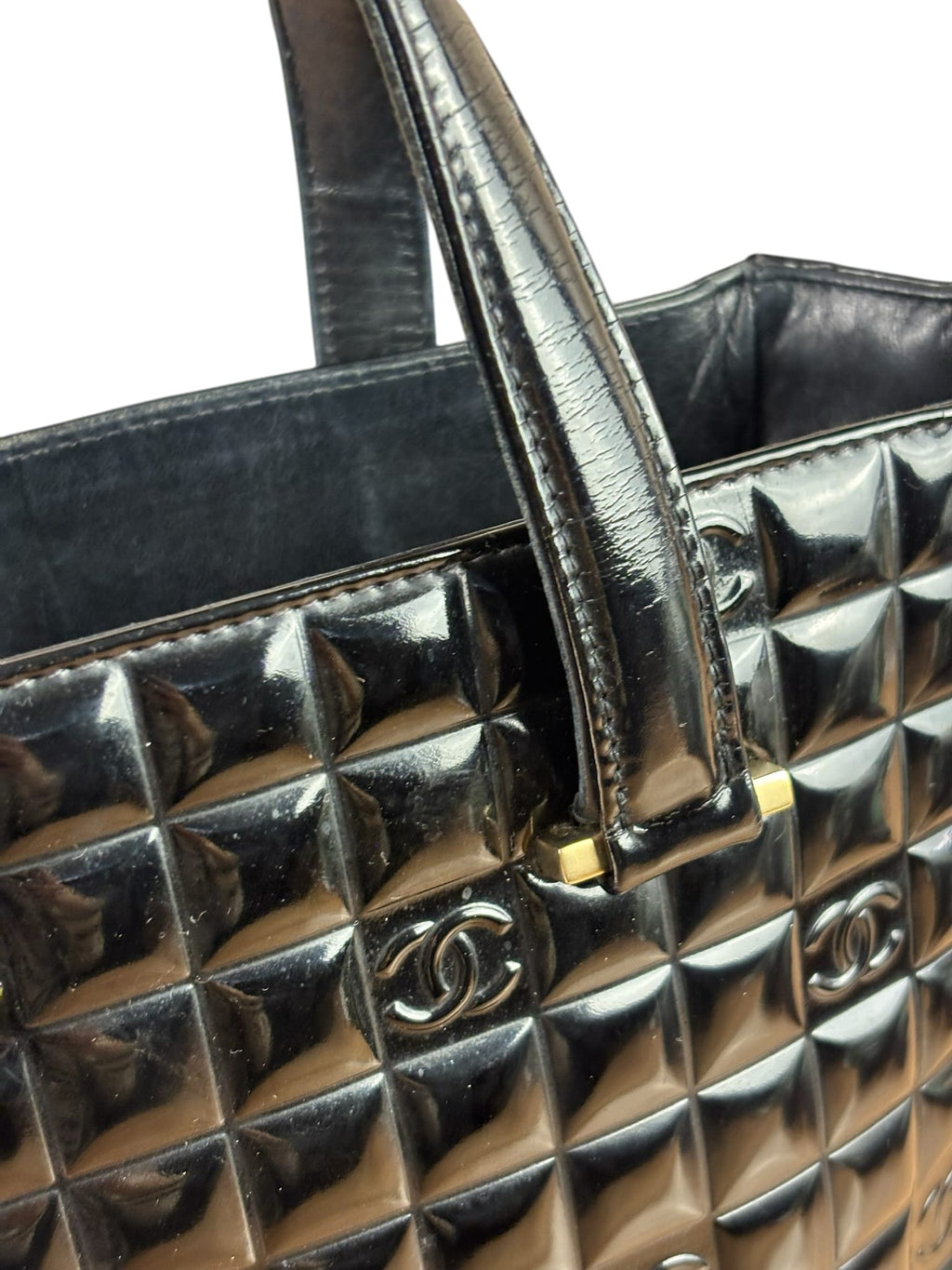 Chanel Black Patent Leather Chocolate Bar Tote Early 2000's