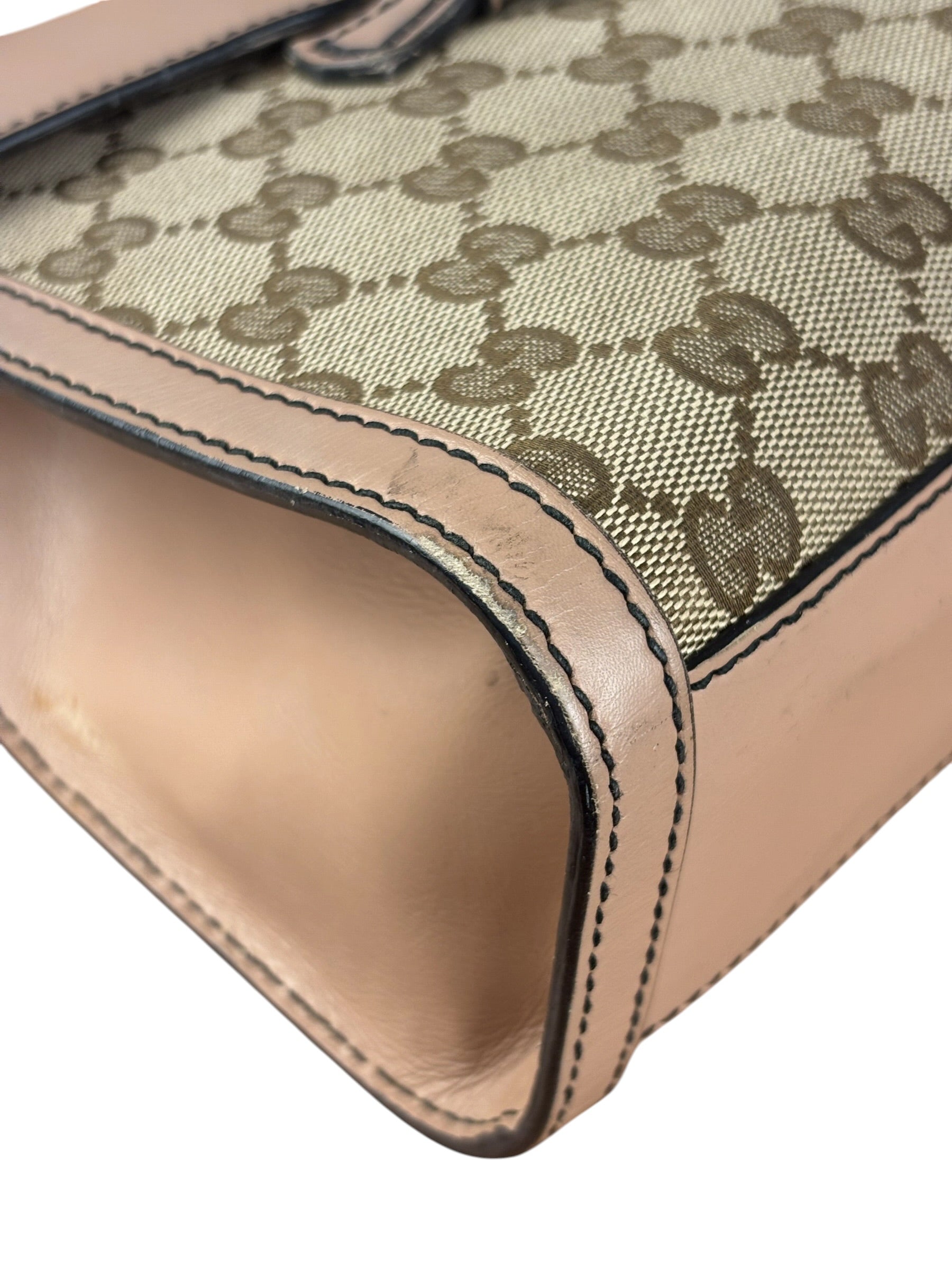 Gucci Peach Leather Trim GG Canvas Emily Chain Flap Shoulder Bag