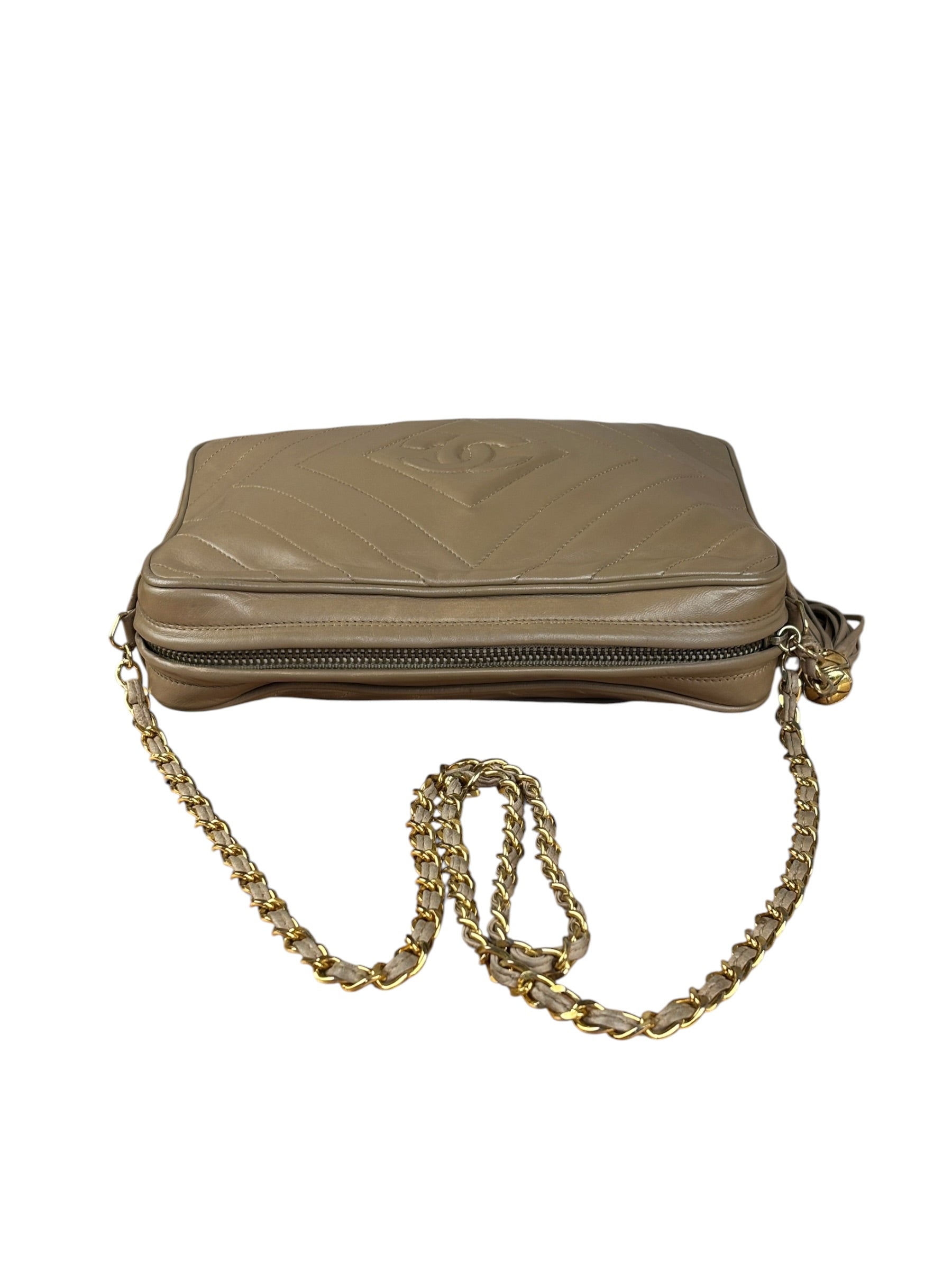 Chanel Tan Beige Chevron Leather Camera Case