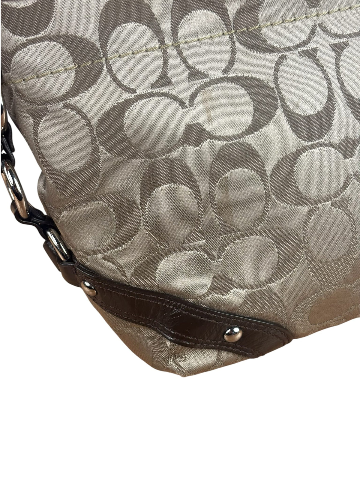 Coach Beige/Brown Leather Trim Signature Mini Carly Hobo Bag