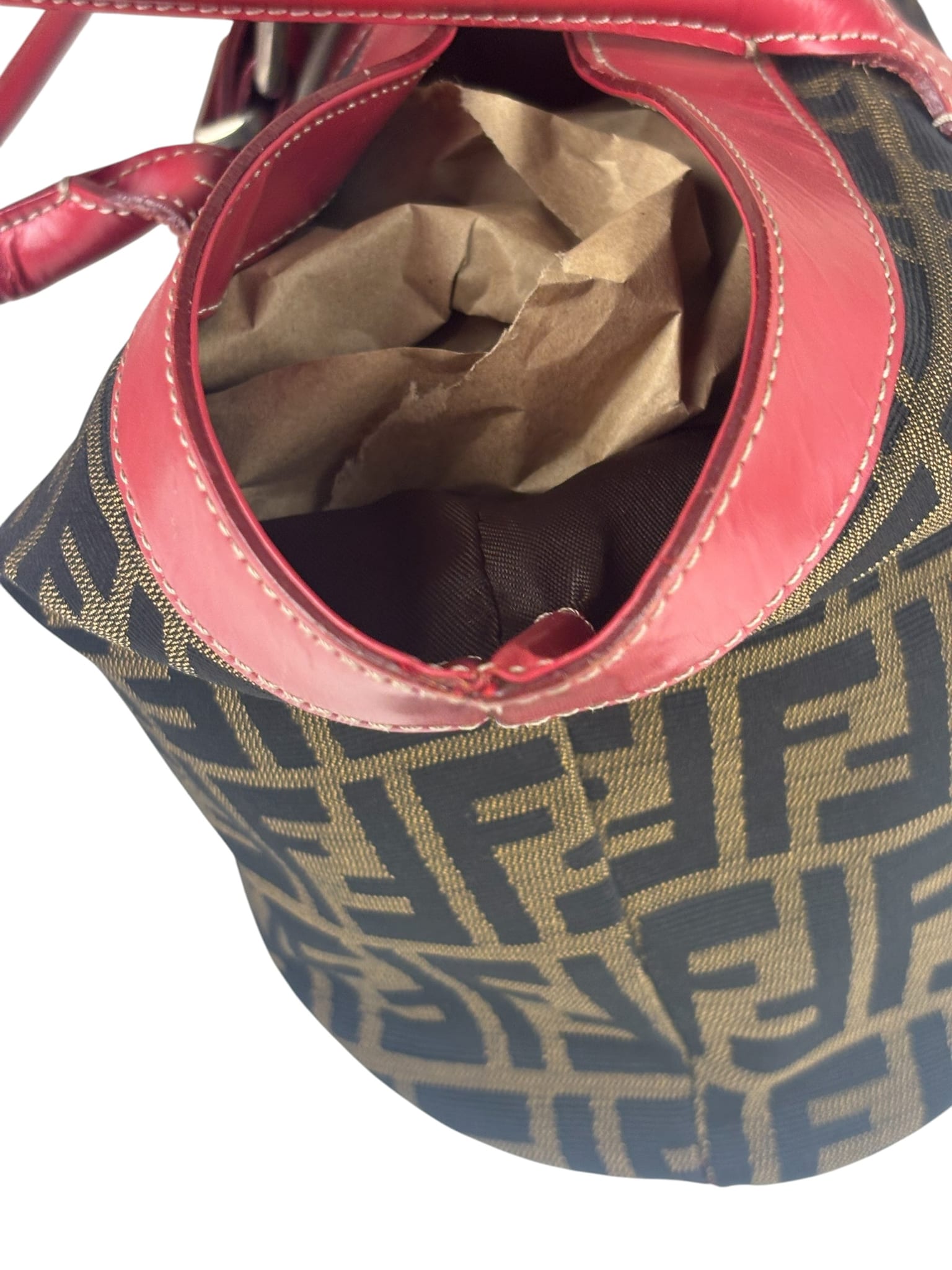 Fendi Beige/Red Leather Trim Zucca Buckle Tote
