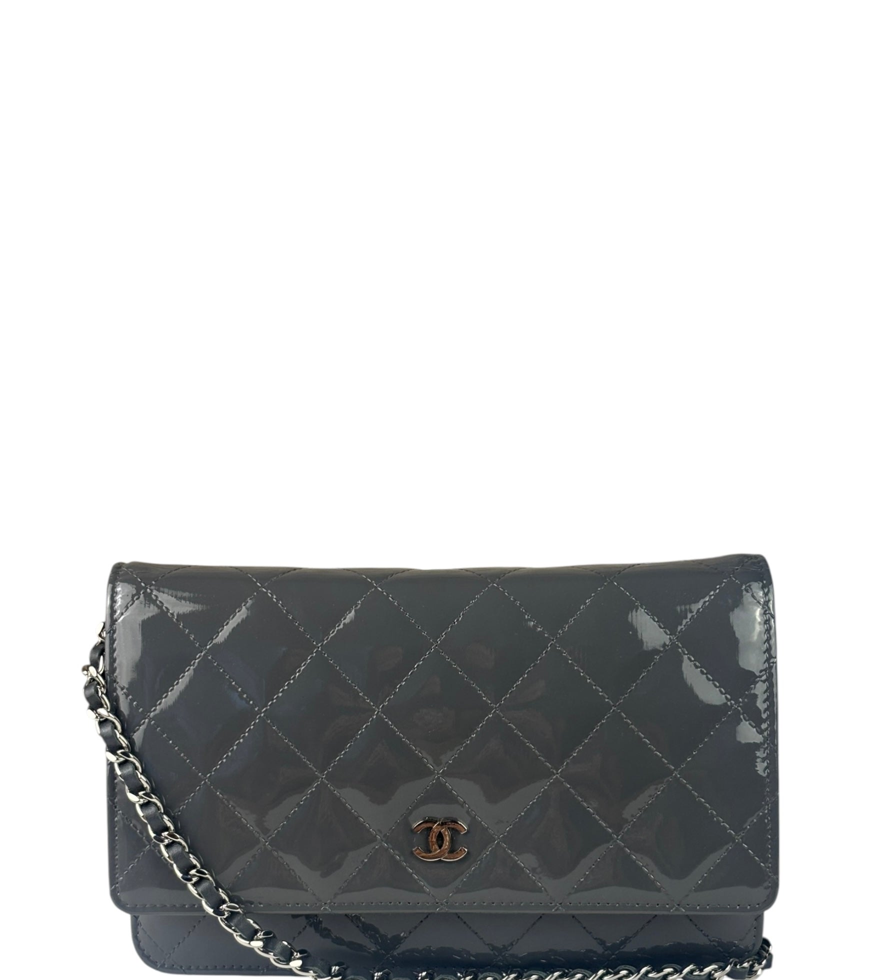 Chanel Grey Quilted Patent Leather Wallet-On-Chain 2012