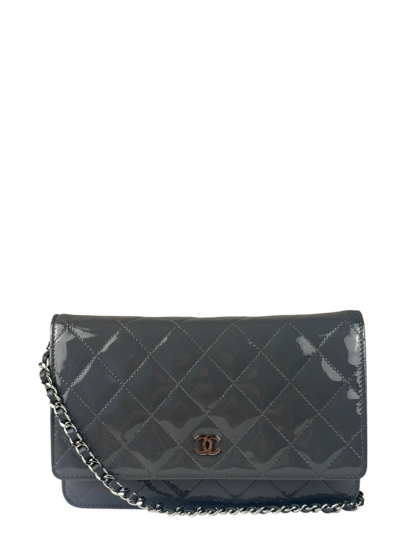 Chanel Grey Quilted Patent Leather Wallet-On-Chain 2012