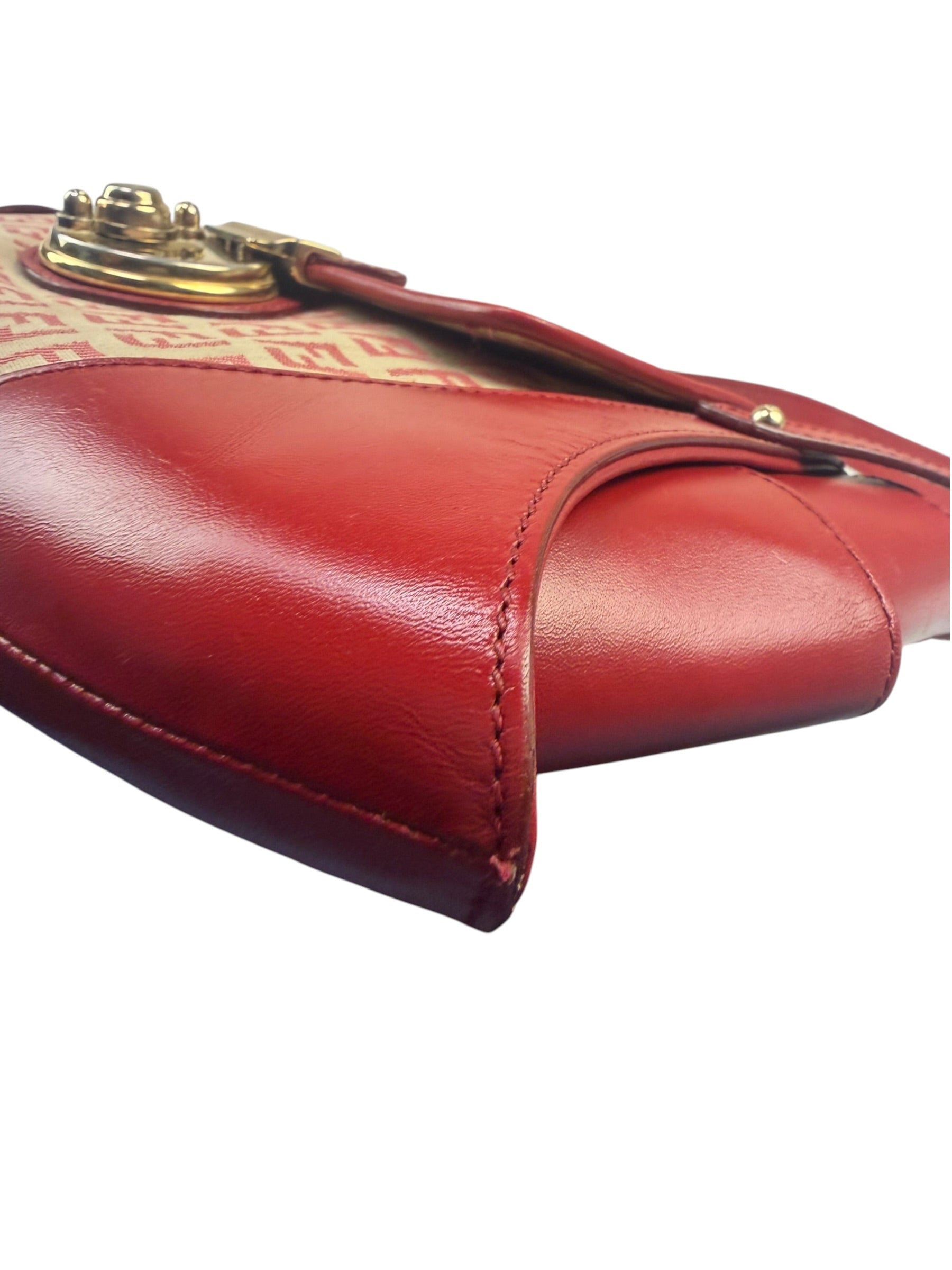 Fendi Red Leather Trim Zucca Compliation Shoulder Bag