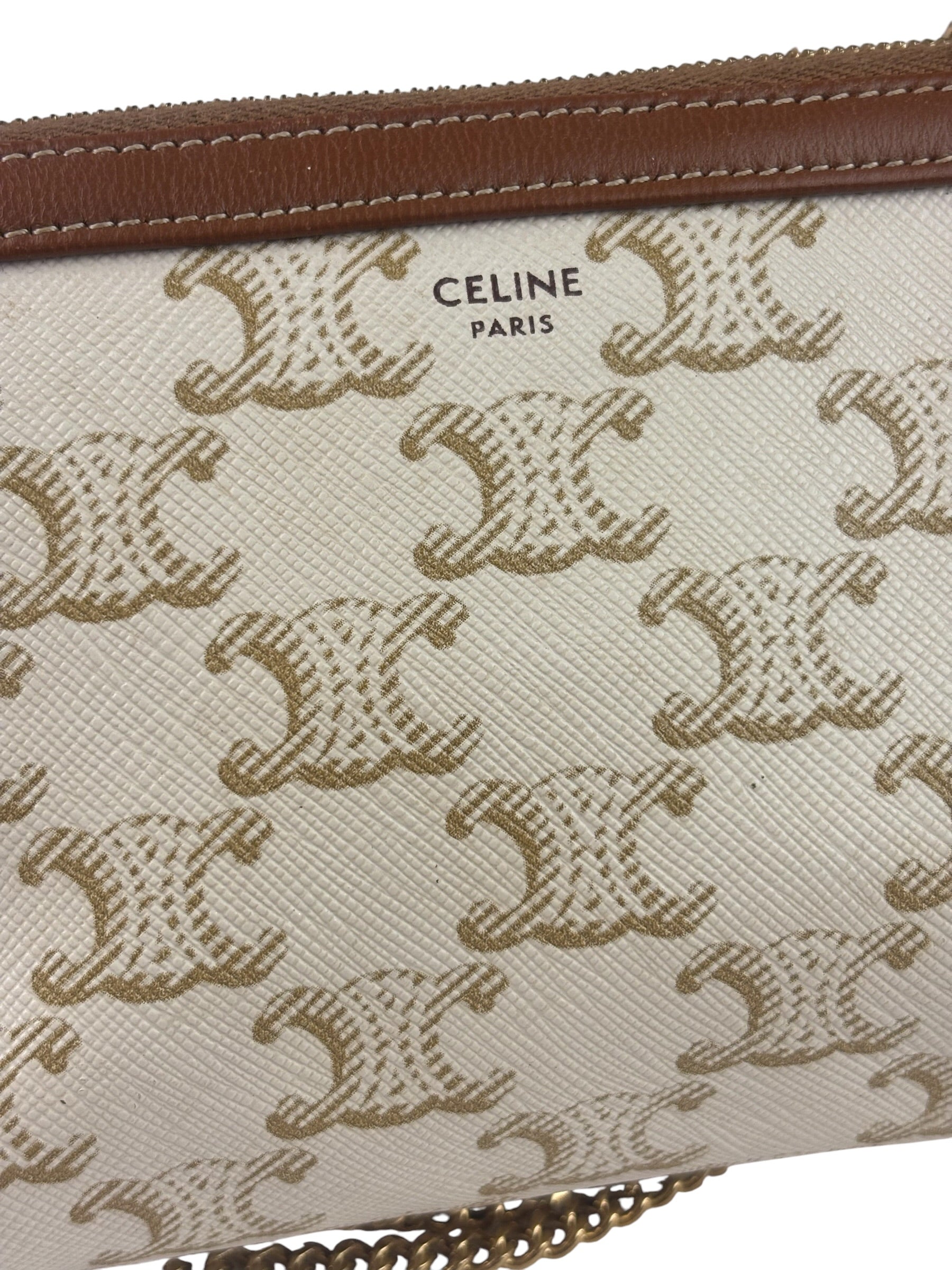 Celine Beige/Brown Leather Triomphe Chain Clutch