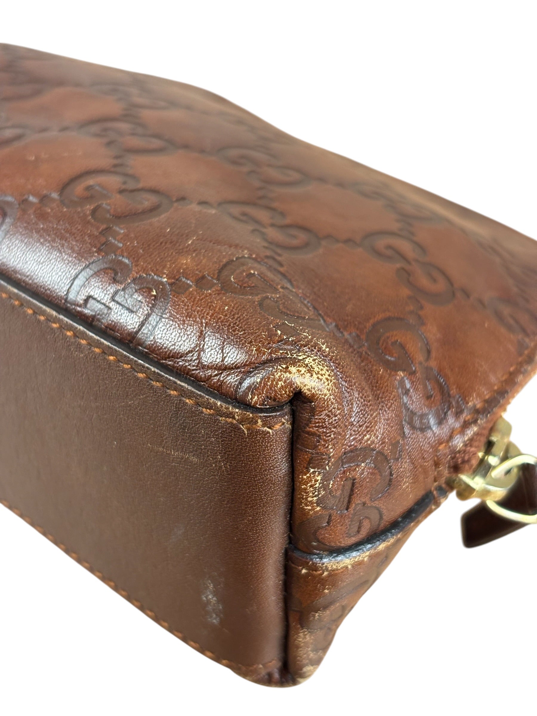 Gucci Vintage Brown Leather GG Zip Pouch