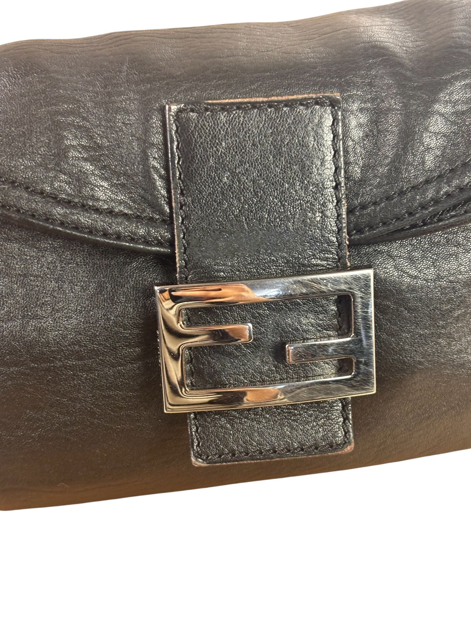 Fendi Vintage Black Leather Double Flap Baguette