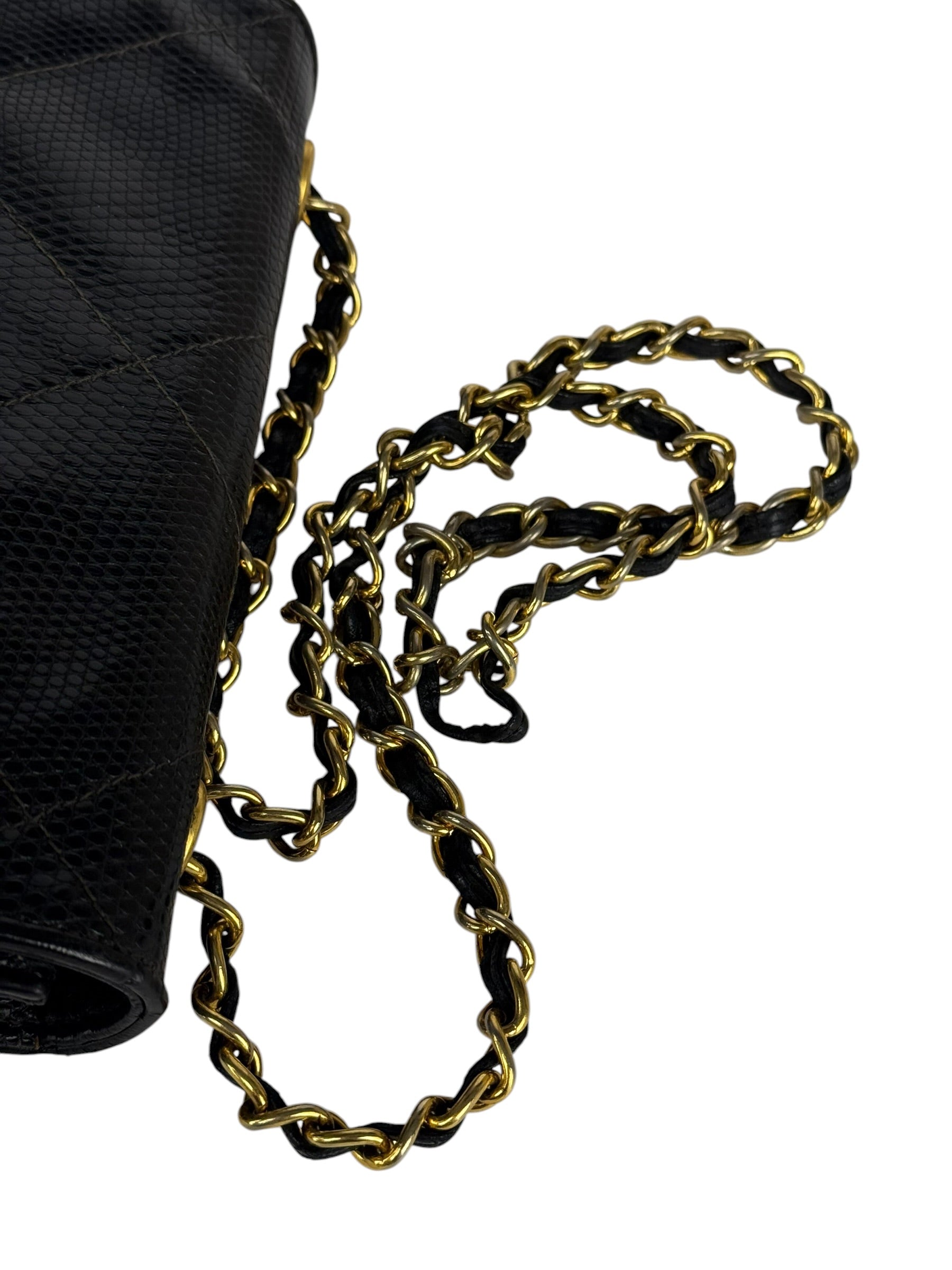 Chanel Vintage Black Lizard Leather Chain Flap Bag 1987