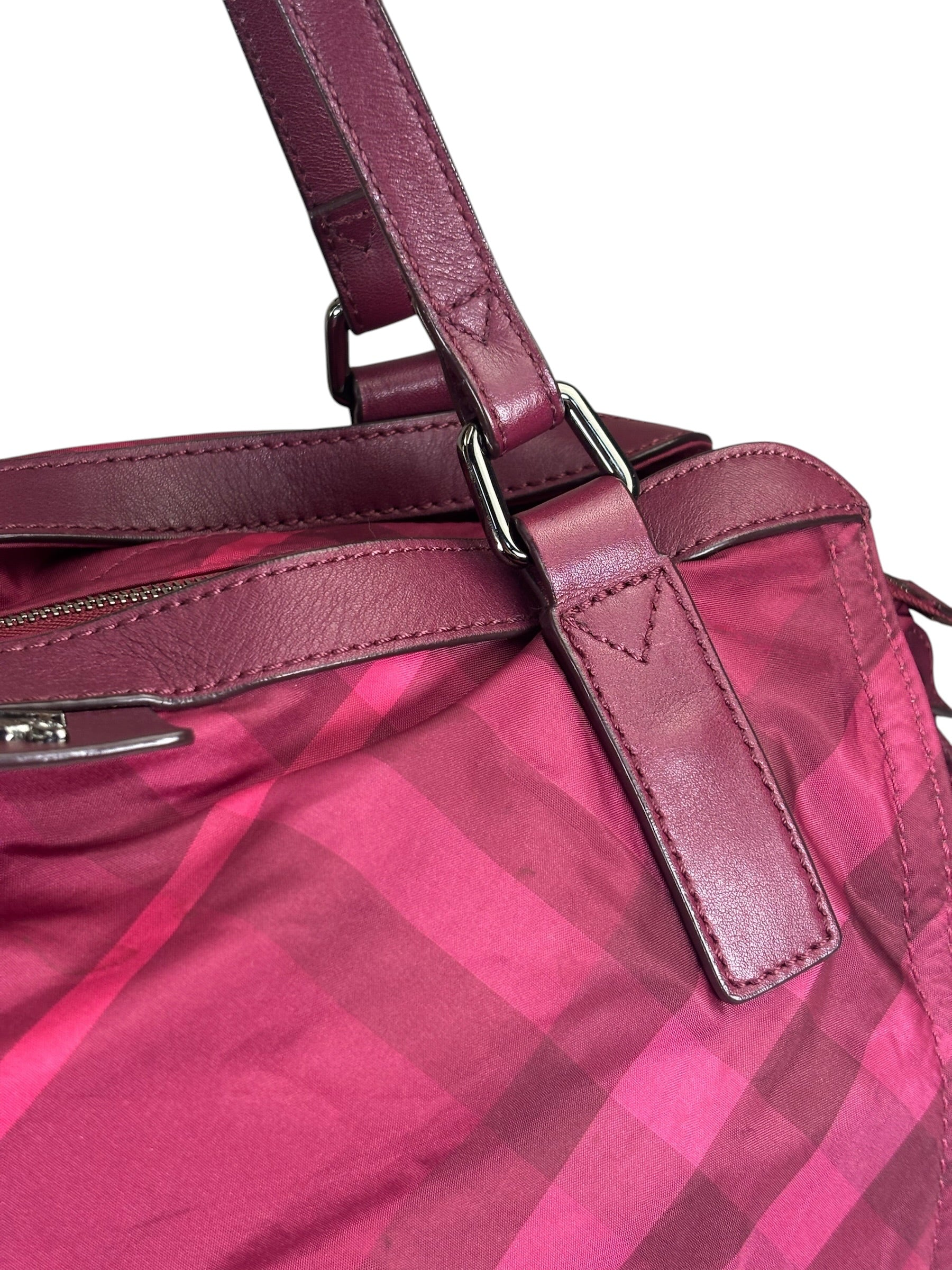Burberry Plum Nylon/Leather Trim Nova Check Buckleigh Packable Tote