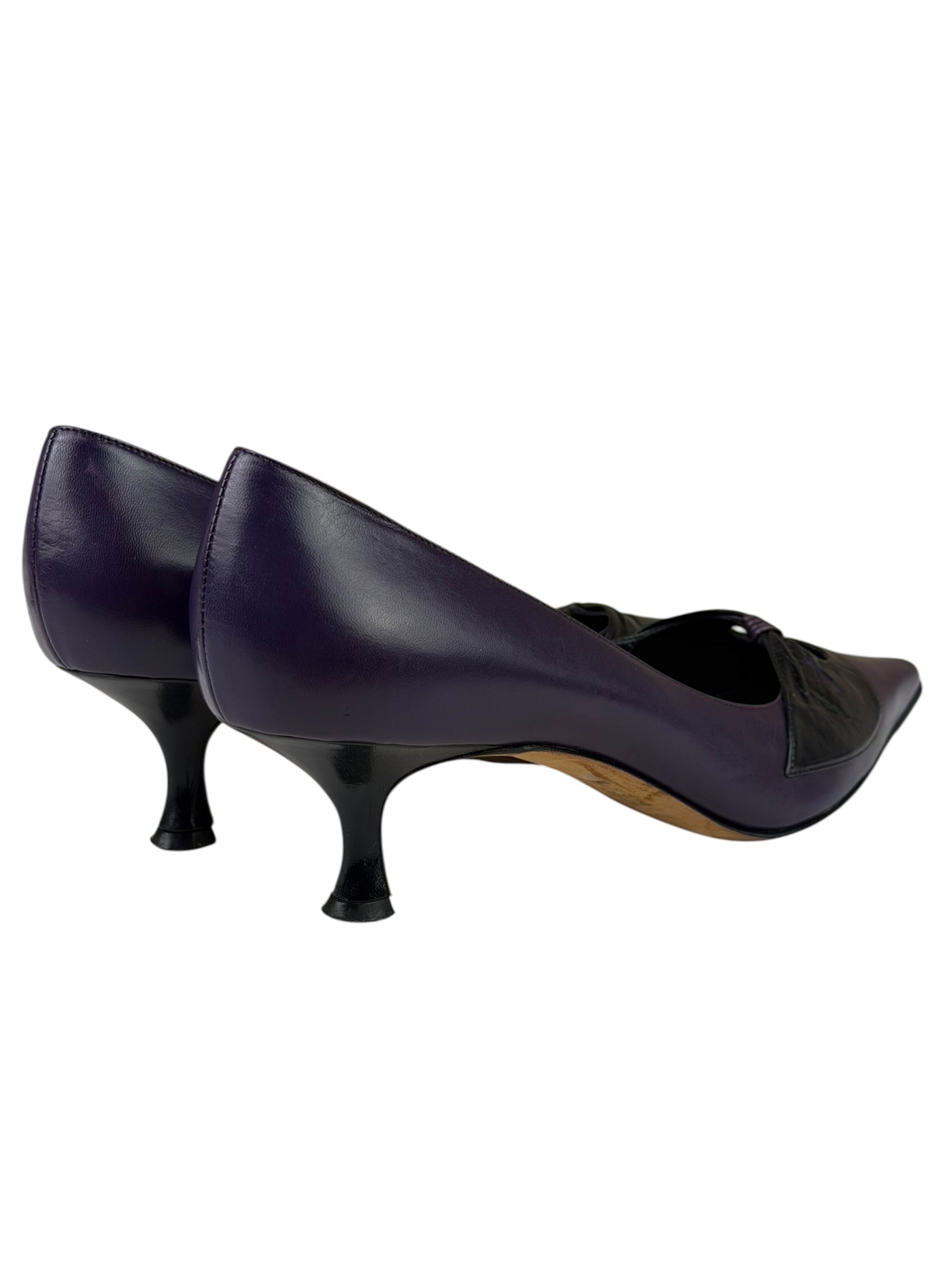 Manolo Blahnik Purple/Black Bow Kitten Heels