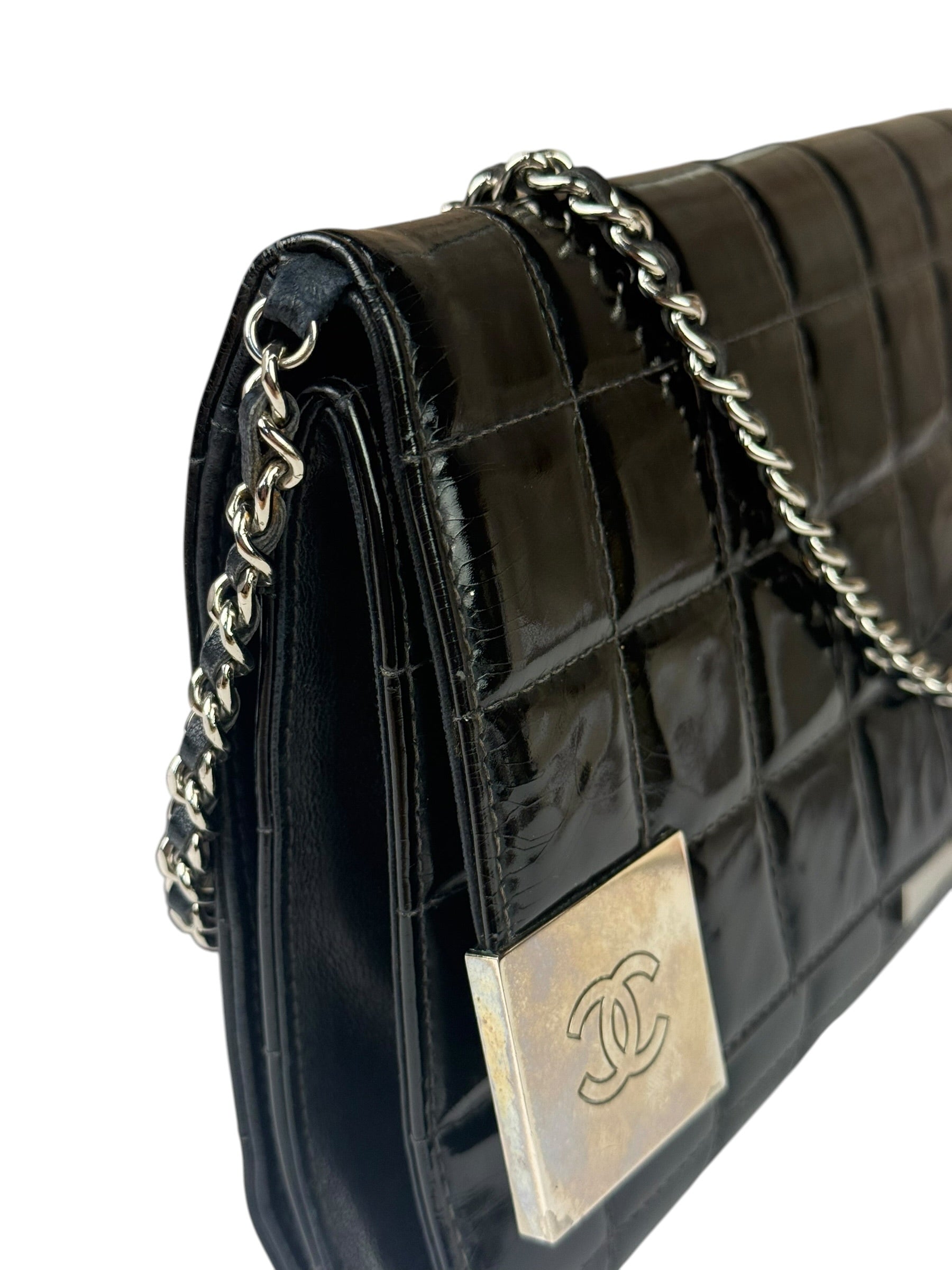 Chanel Black Patent Chocolate Bar Quilted Flap Shoulder Bag 2001
