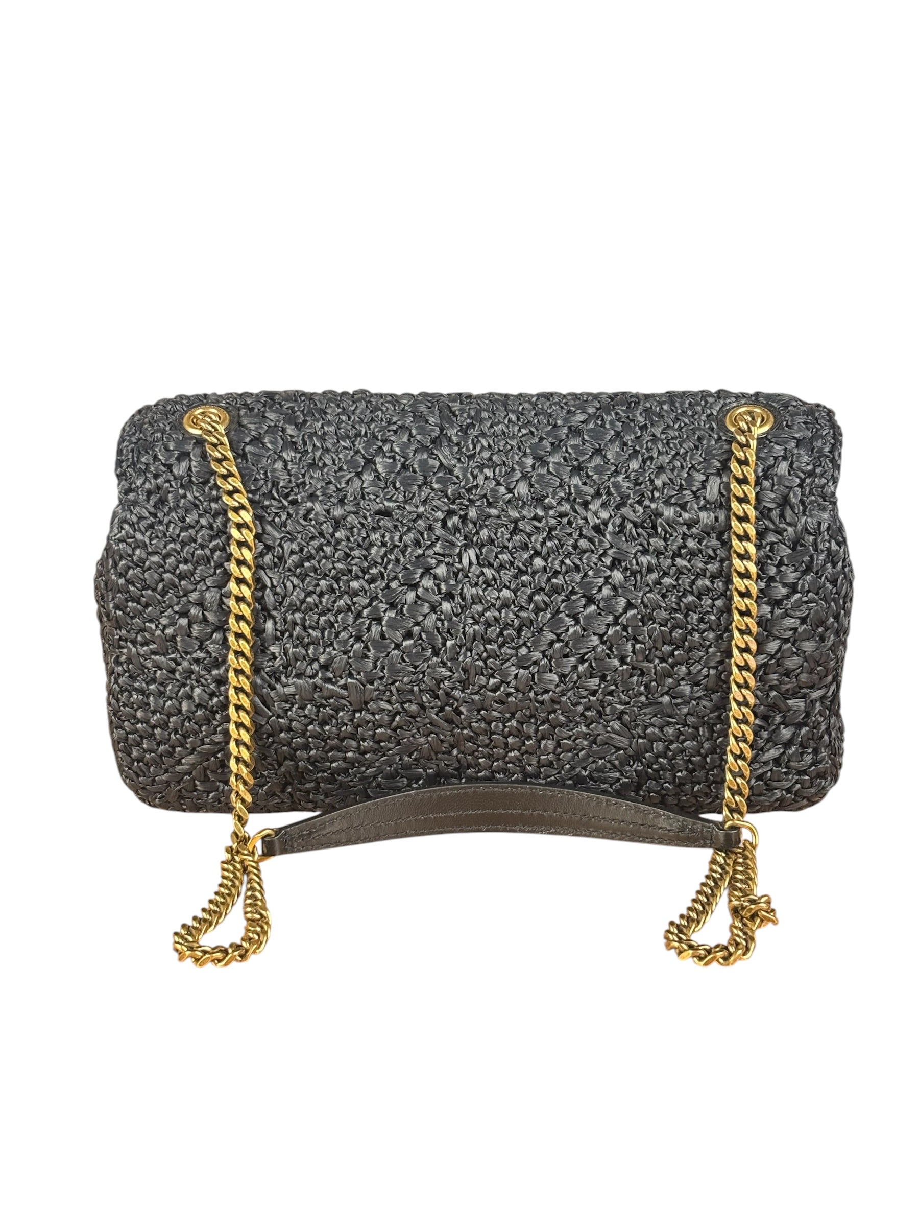 YSL Black Raffia Leather Trim Jamie Chain Shoulder Bag