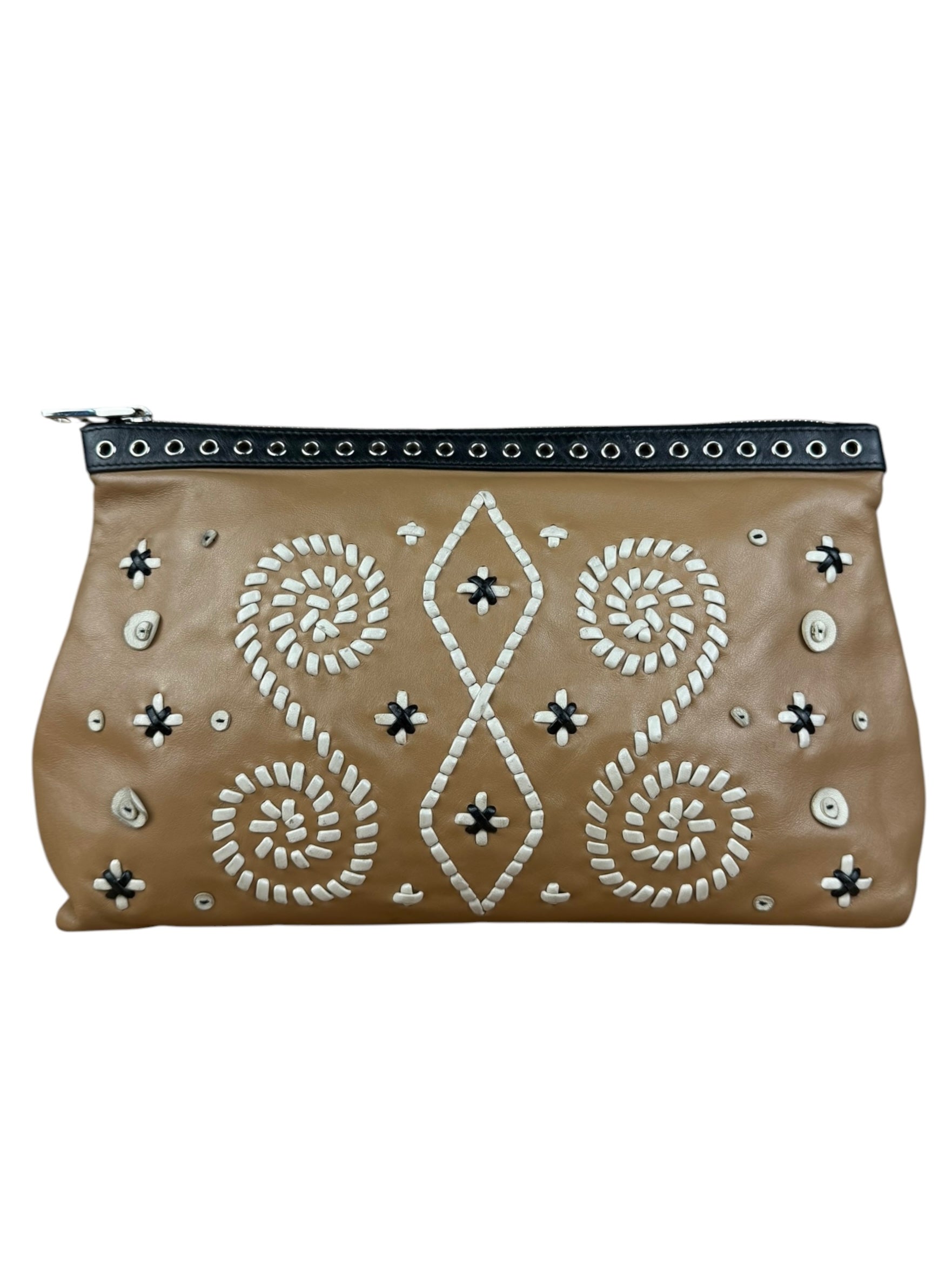 Prada Vintage Camel Leather Embroidery Clutch