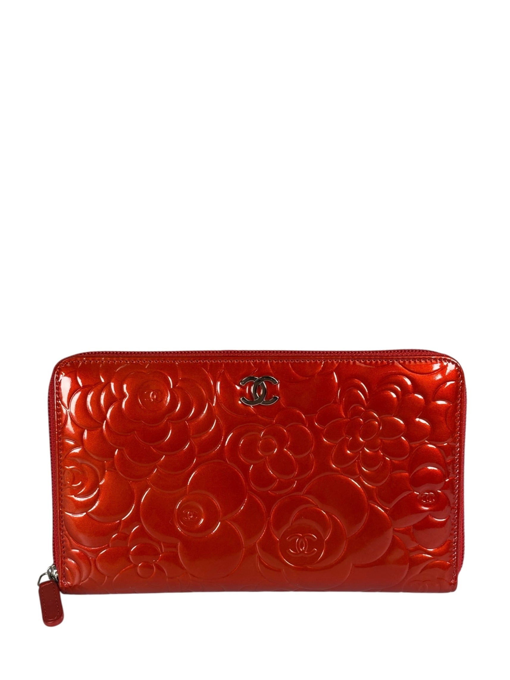 Chanel Red Patent Leather Embossed Camellia Zip-Around Wallet 2010
