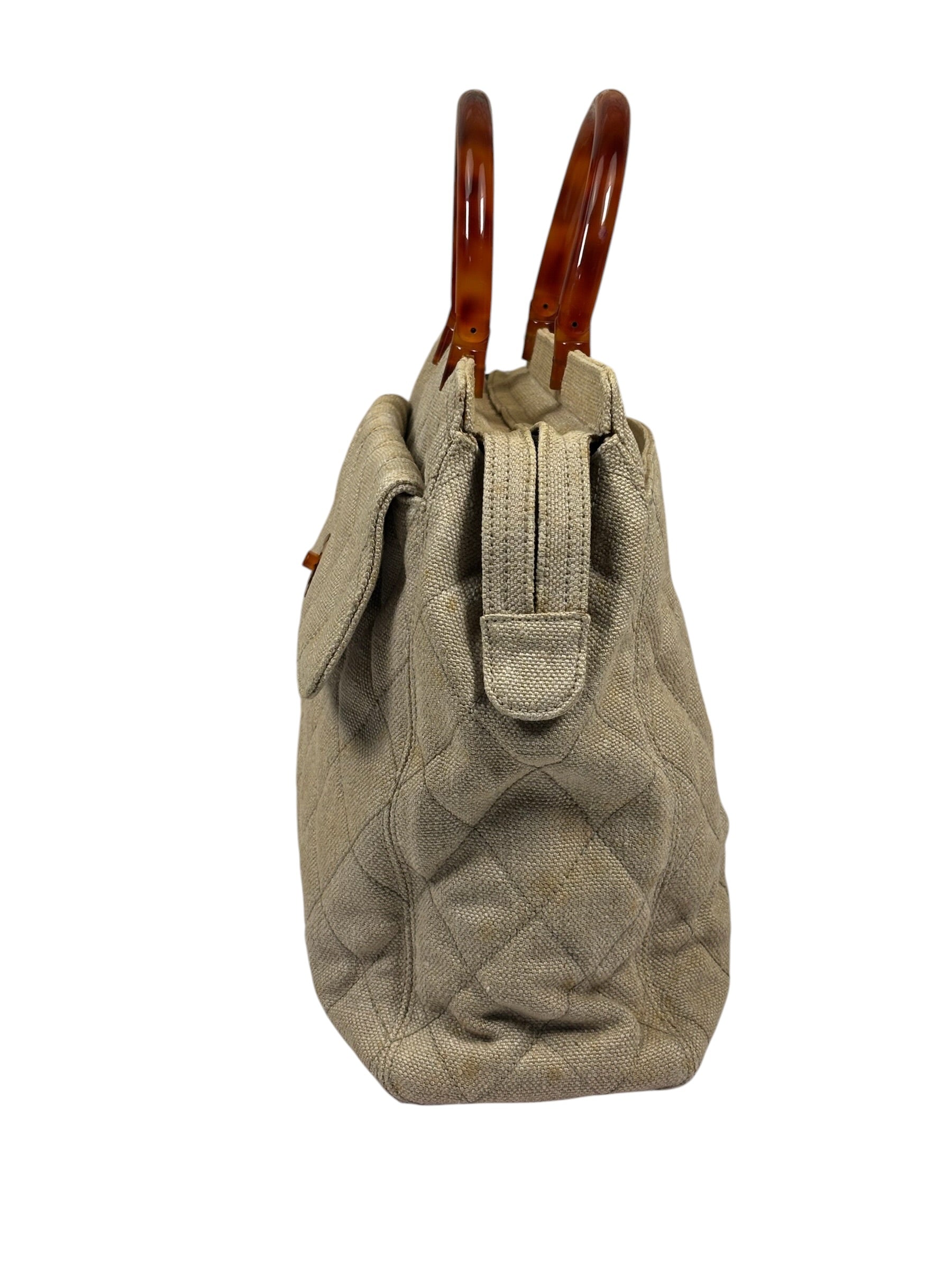 Chanel Vintage Beige Quilted Denim  Tortoise Tote 1996