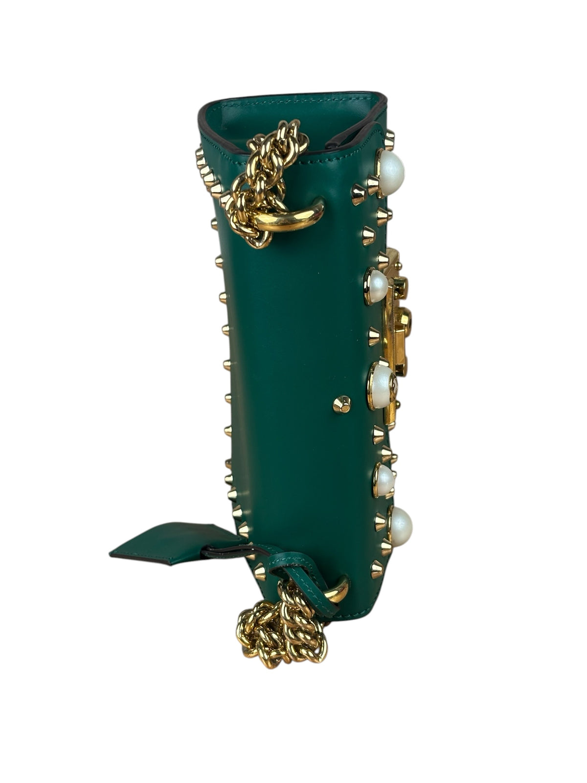 Gucci Green Leather Faux Pearls & Studs Small Padlock Bag