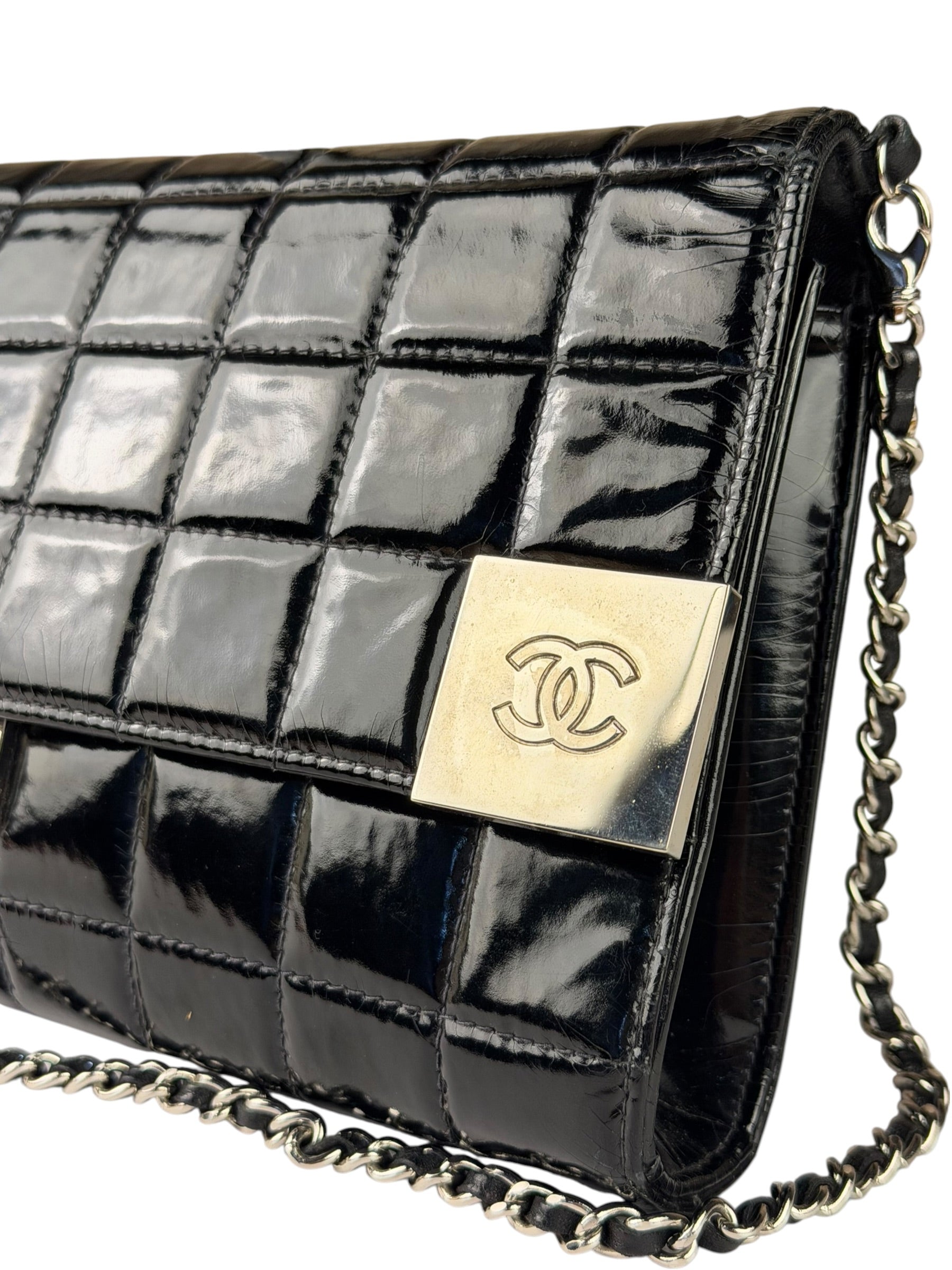 Chanel Black Patent Leather Chocolate Bar Flap Bag 2000