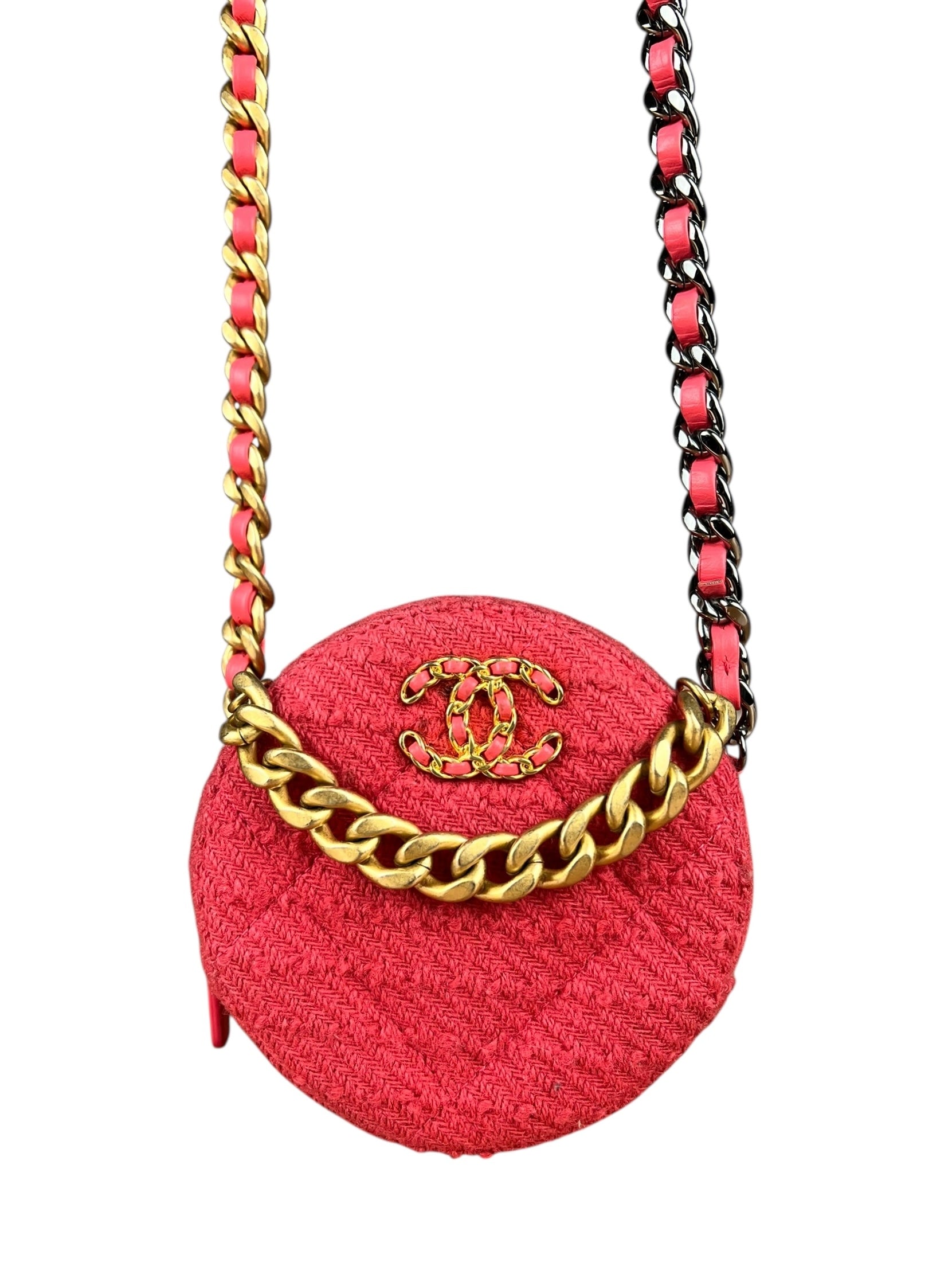 Chanel 19 Round Pink Tweed Chain Shoulder Bag